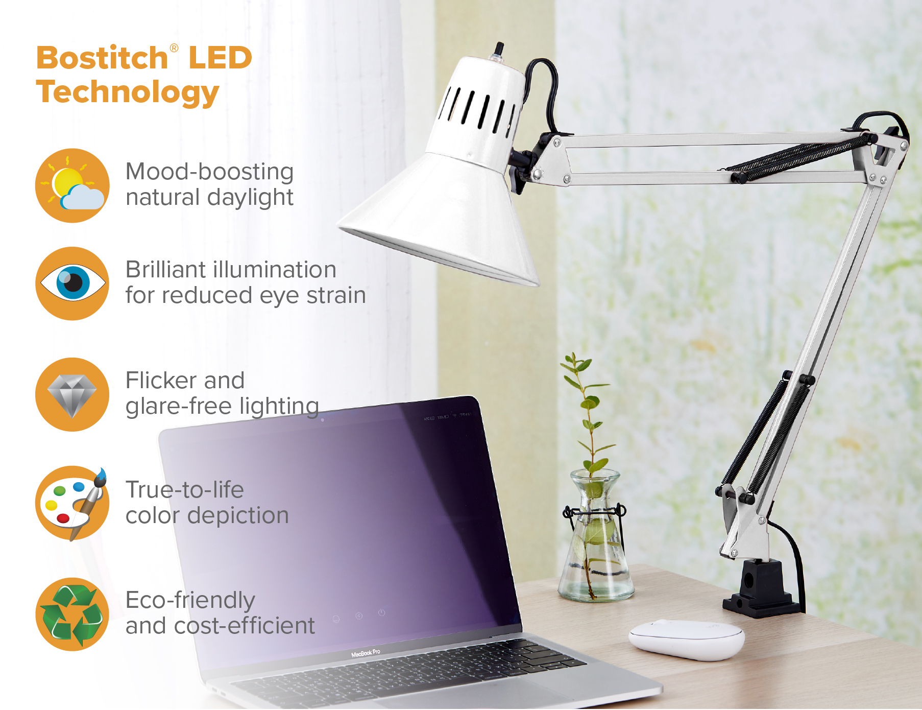 Bostitch Office Vlf100wht Swing Arm Desk Lamp With Clamp Mount 36" Reach Wit... for sale online