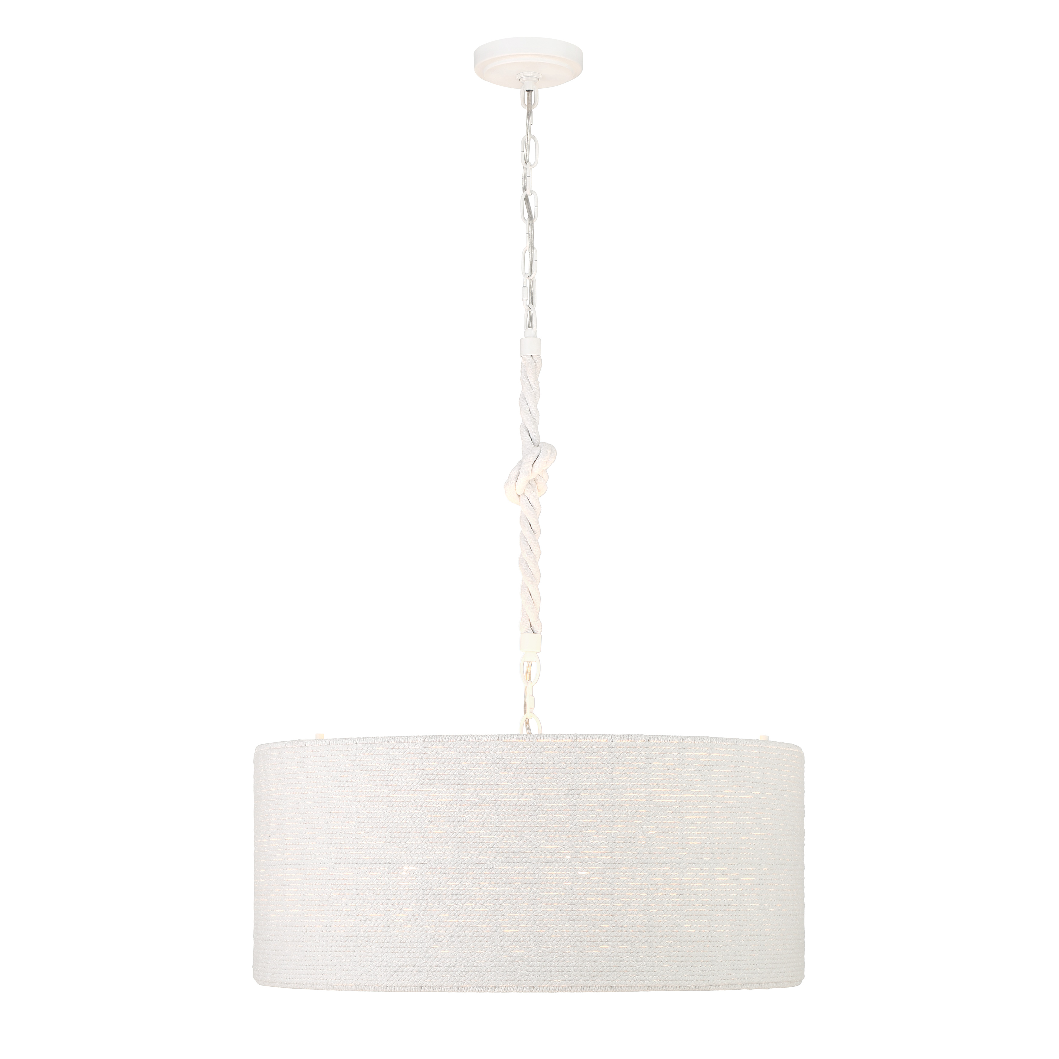 The Lodelle pendant brings relaxed coastal charm with its distinctive white cotton rope shade and clean matte white finish. Four-light design provides ample illumination for dining and gathering spaces. - alternate view