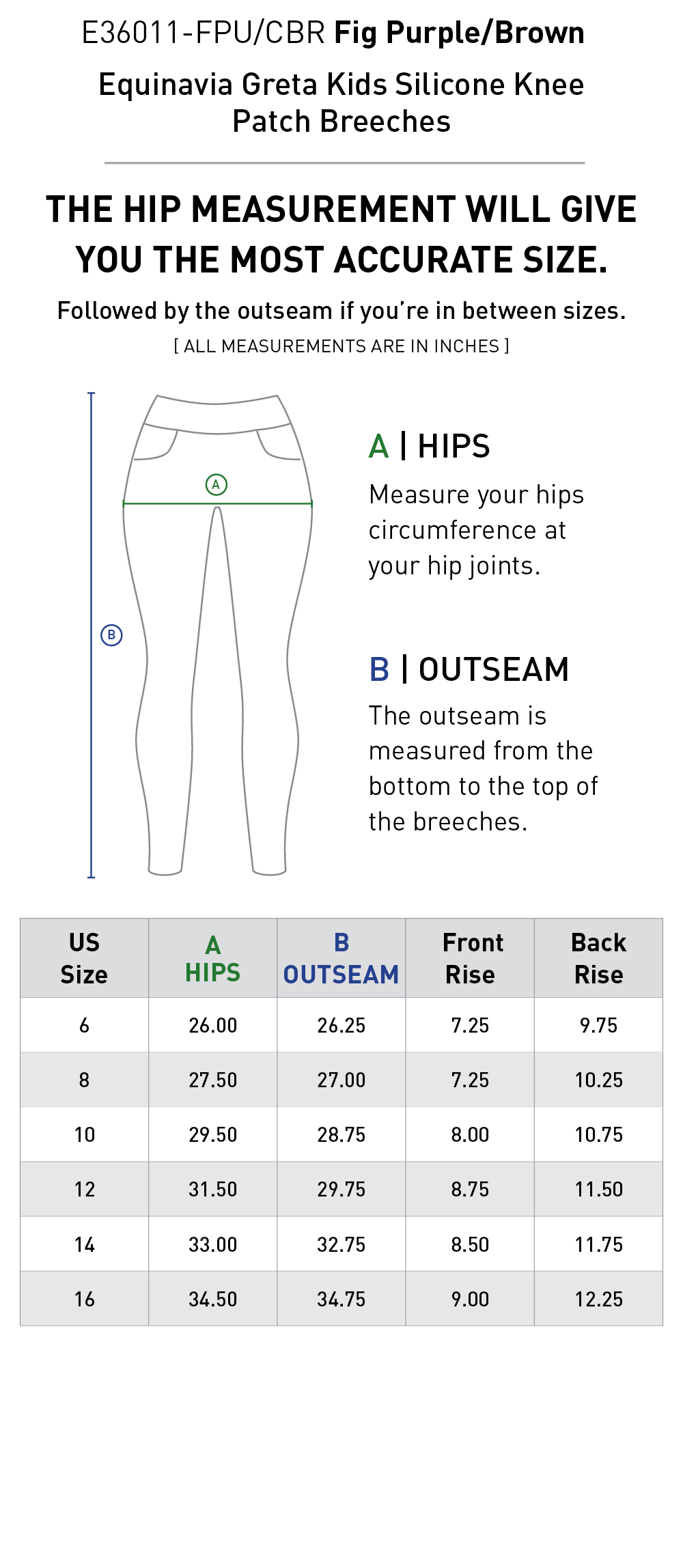 Size chart for Equinavia Greta Kids Silicone Knee Patch Breeches - Fig Purple/Brown