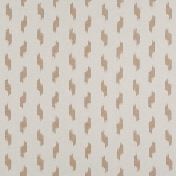 Woven, linen-like fabric patterned with small staggered beige brushstroke motifs; repeating in a regular grid across a pale, textured surface under neutral lighting.