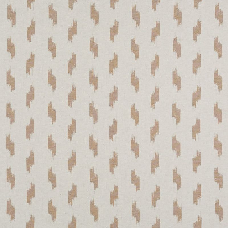 Woven, linen-like fabric patterned with small staggered beige brushstroke motifs; repeating in a regular grid across a pale, textured surface under neutral lighting.