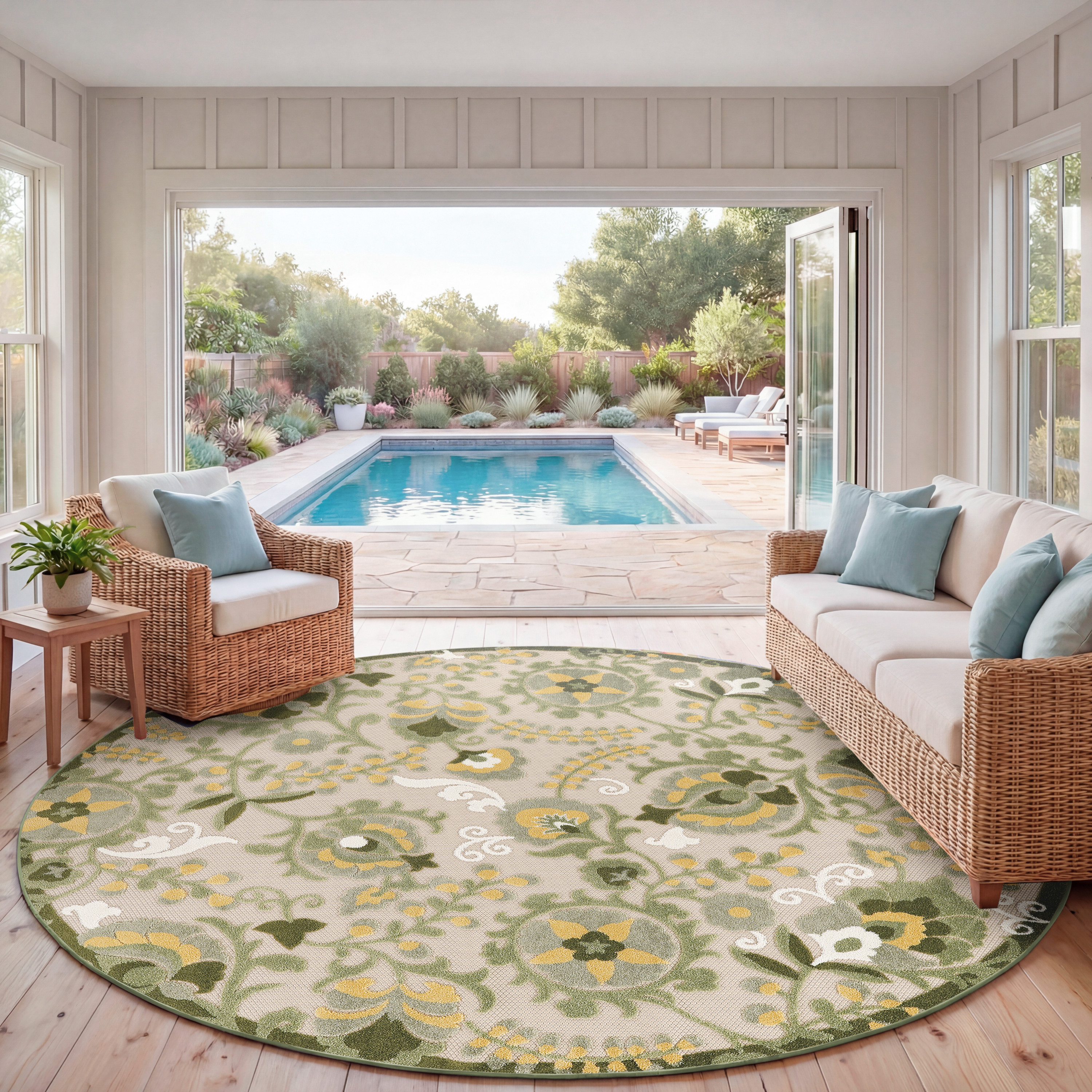 Nourison Aloha 7'10" x Round Ivory Green Outdoor Rug