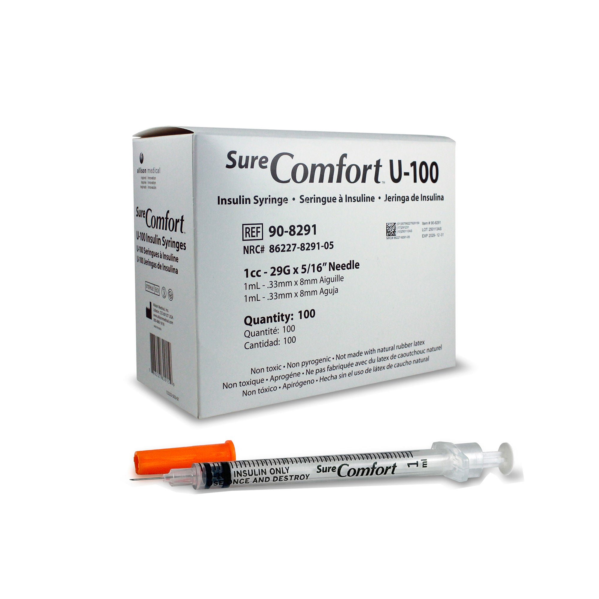 Allison Medical Inc SYRINGE, INSULIN HYPODRM SURE CMFRT 1ML 29GX5/16" (5BX/CS)