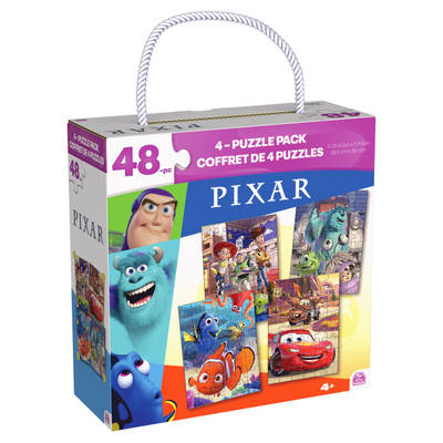 Pixar, 4-Pack 48-Piece Jigsaw Puzzles in Storage Box with Rope Handle, Toy Story, Cars, Finding Nemo, and Monsters Inc., Pixar Toys for Kids Ages 4 and up