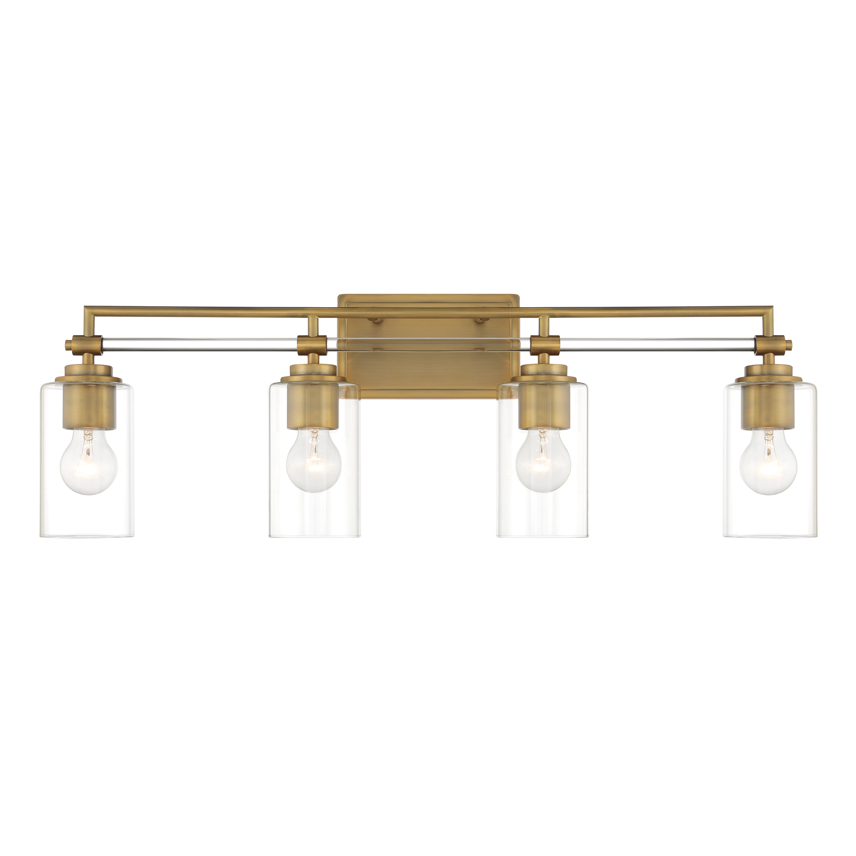 The Binsly vanity light combines contemporary styling with timeless aged brass finish. Its 32-inch width provides excellent illumination for medium to large vanities, while clear glass shades offer clean, unobstructed light. - alternate view