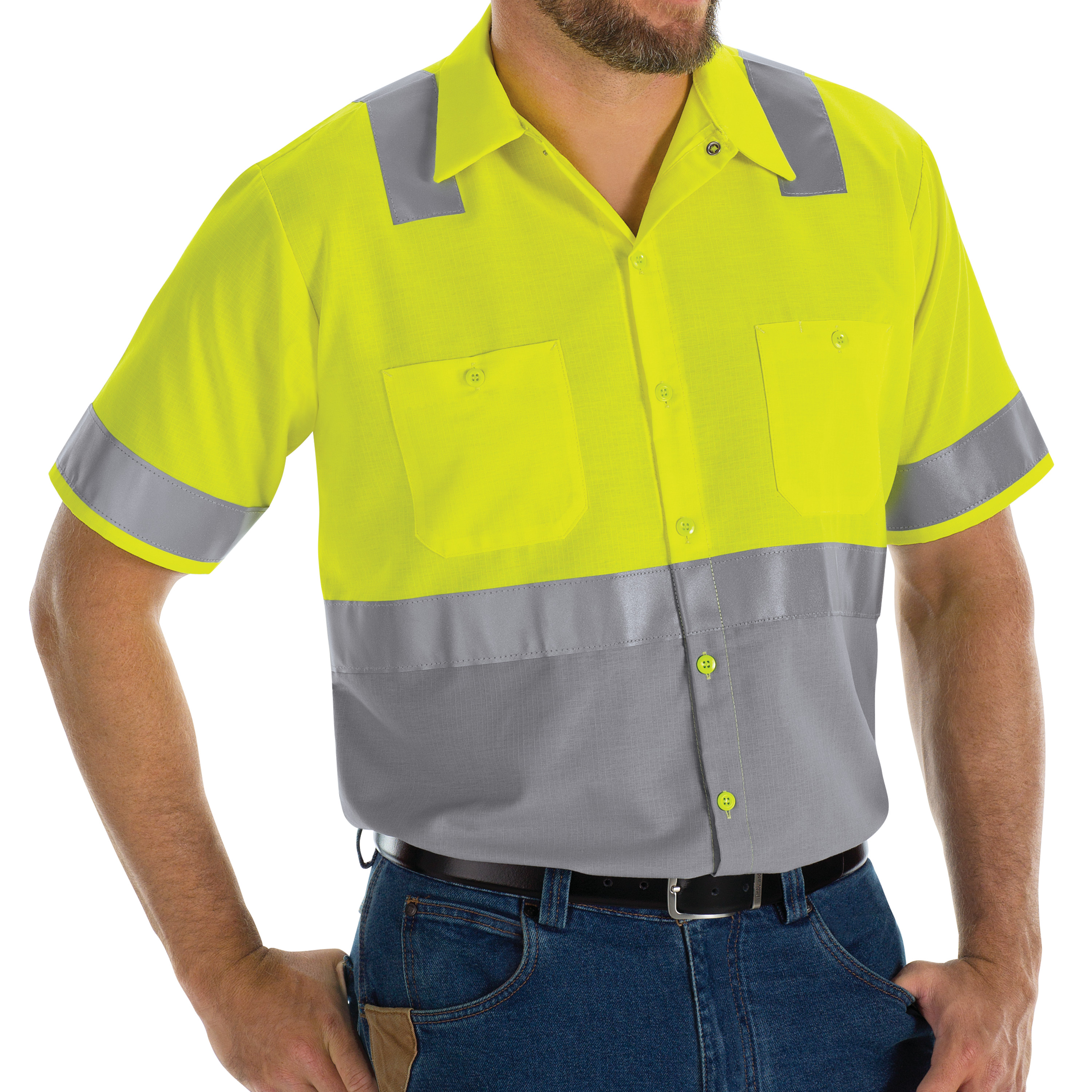 Camisa de trabajo Red Kap para hombre de alta visibilidad manga corta bloque de color Ripstop - - Imagen 11 de 11