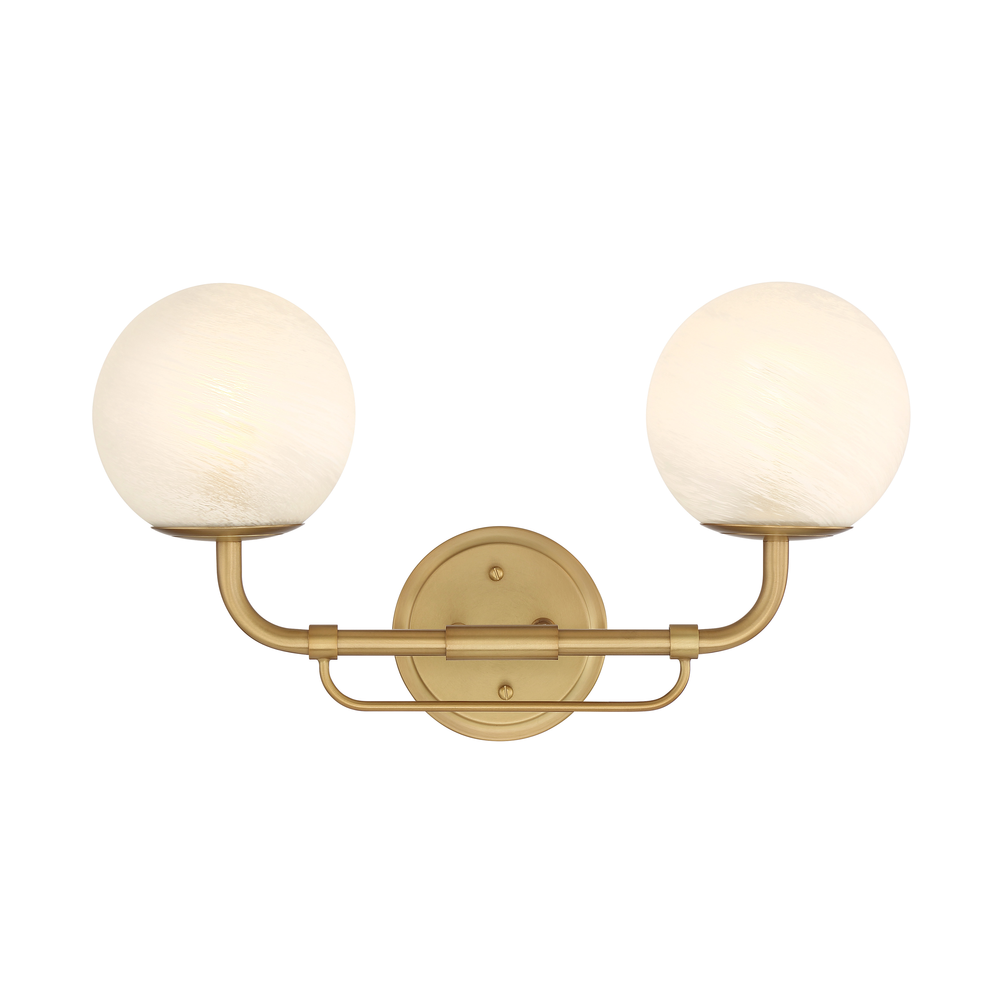 The Whitehall 2-light vanity combines traditional brass elegance with transitional styling. Its 18-inch width and etched alabaster glass shades provide warm, diffused lighting perfect for bathroom vanities and powder rooms. - alternate view