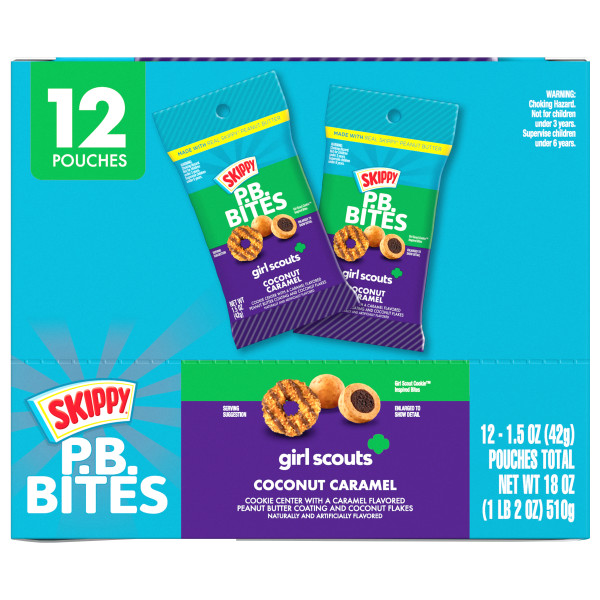 SKIPPY(r) P.B. Bites Coconut Caramel, 1.5 oz. Pouch . C1N1 - Front No Plunge In Package (Hi Res)