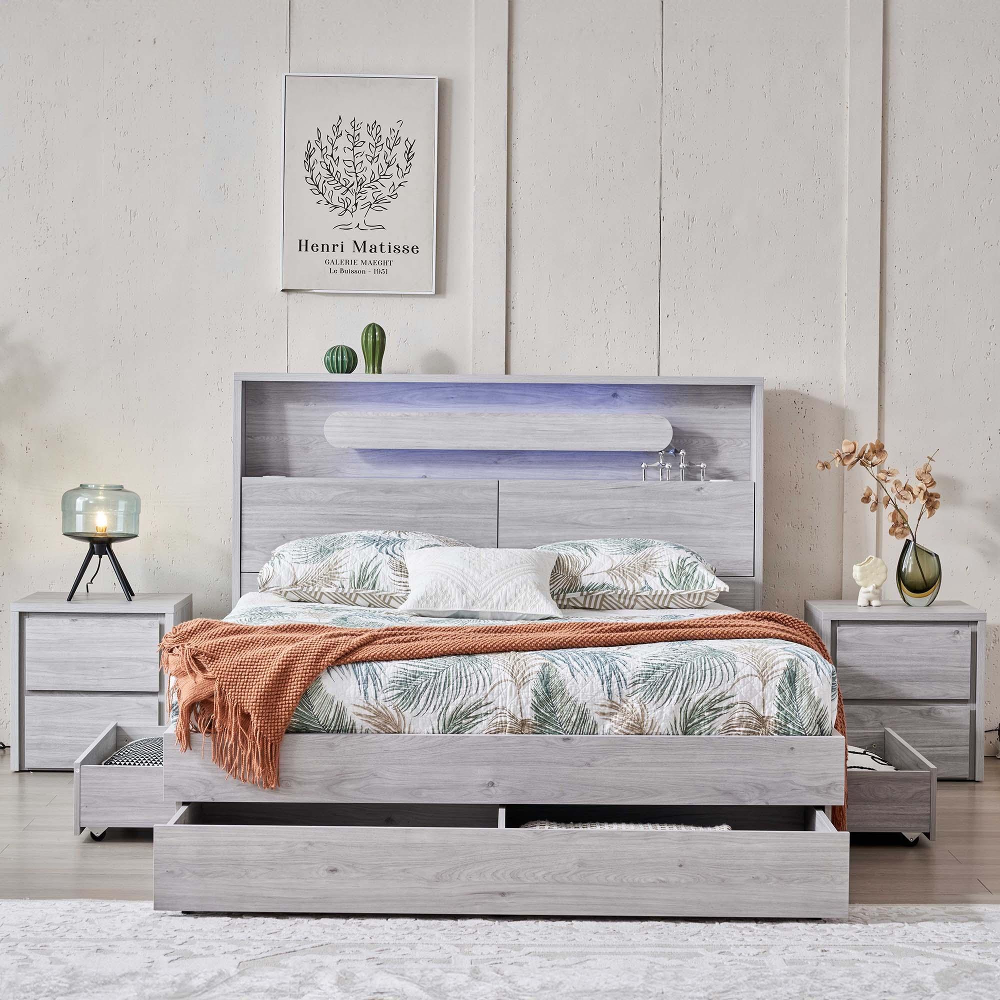 Lifestyle image of the  Nova Bed Frame, 3 Drawer Base, Stone Oak from Forty Winks