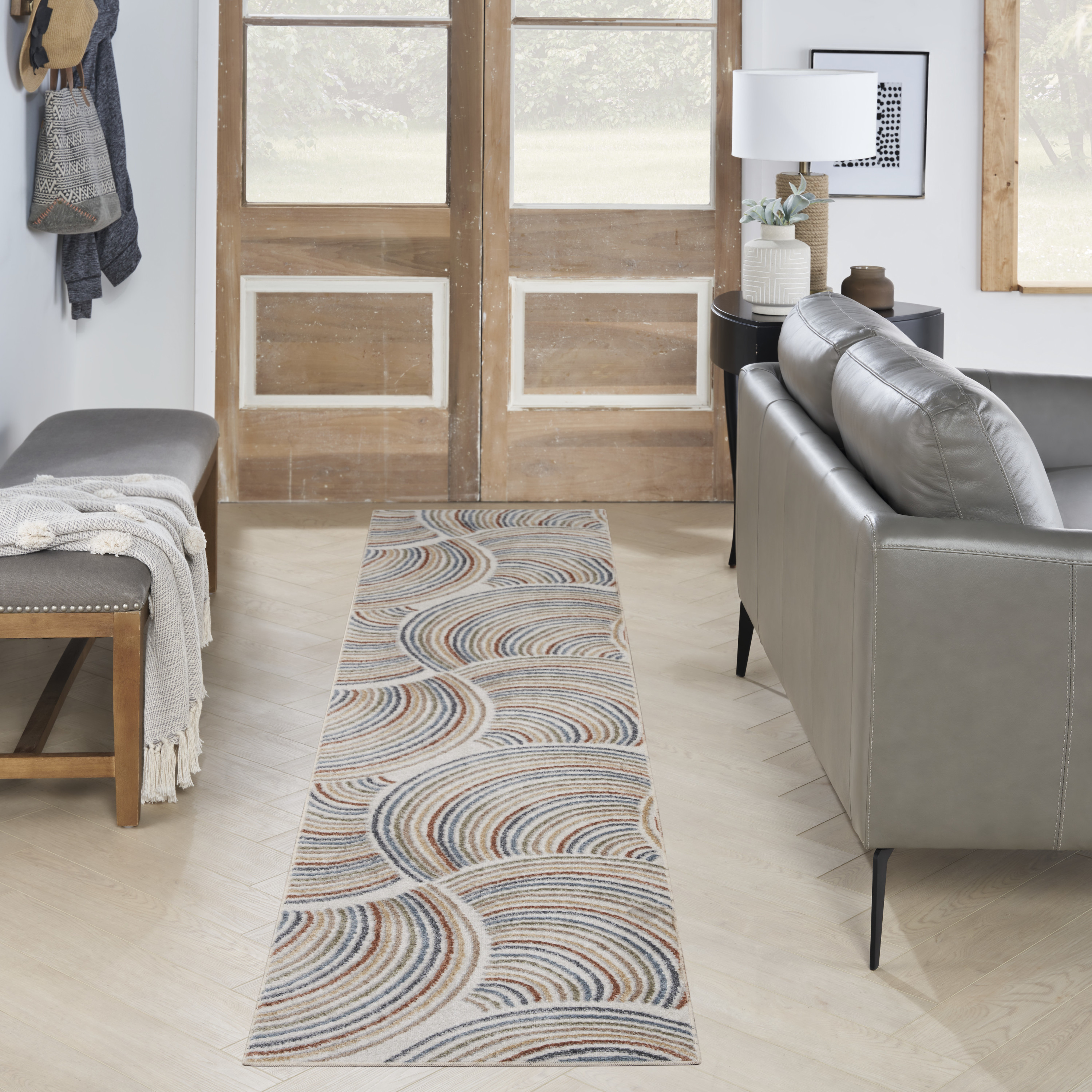 Nourison Astra Machine Washable 2' x 6' Ivory Multicolor Mid-Century Modern Indoor Rug