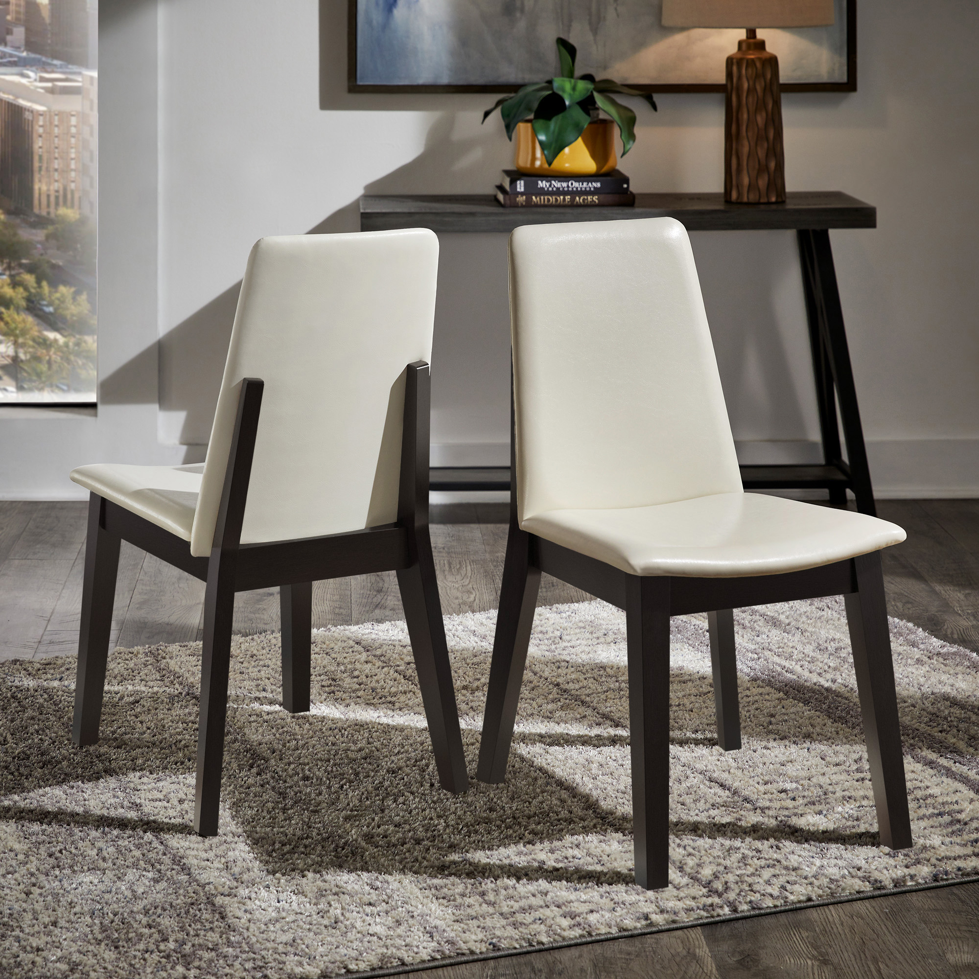 Wood Finish White Vegan Leather Dining Chair (Set of 2)