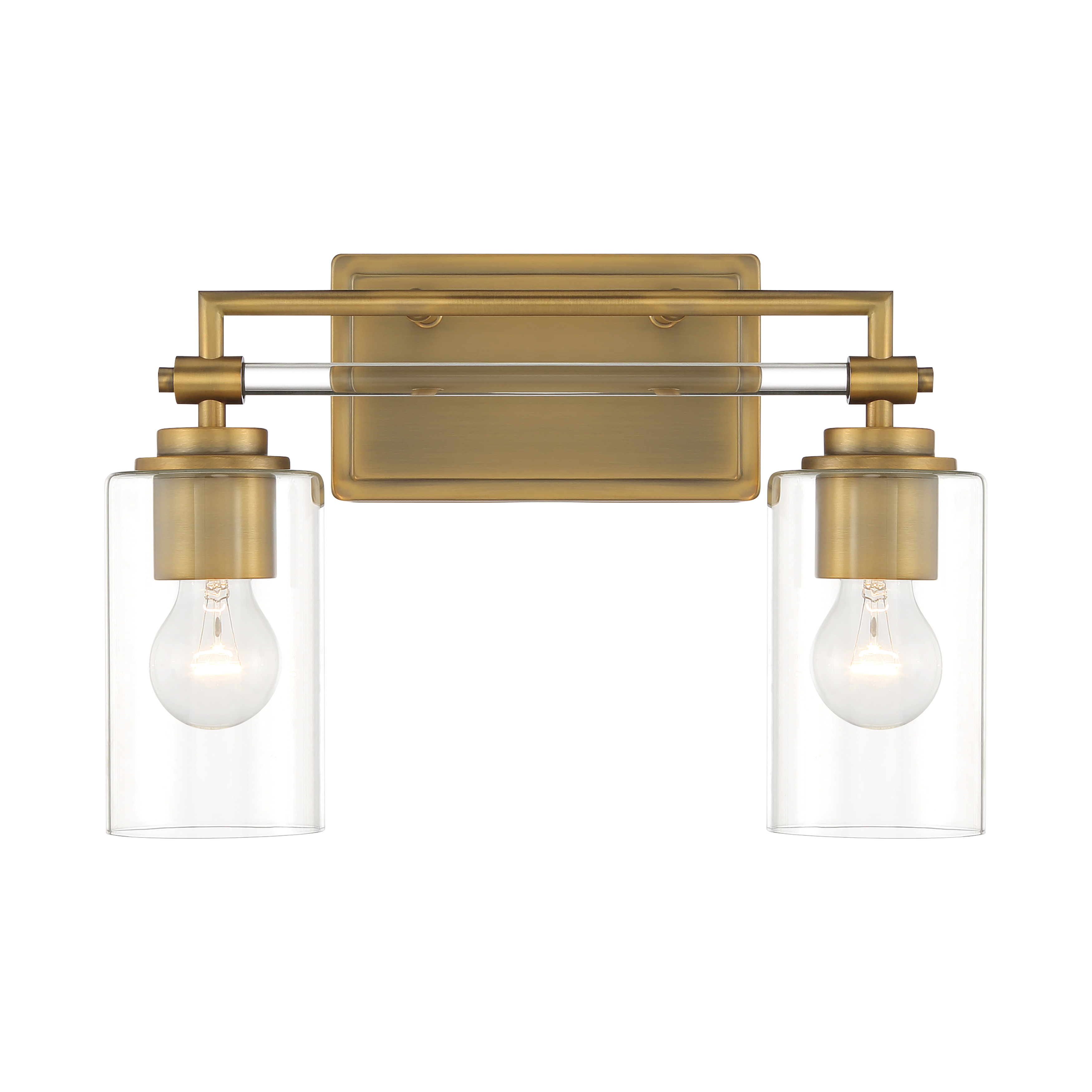 The Binsly 2-Light Bath Vanity combines modern sophistication with warm aged brass finish and clear glass shades. Its compact 15.6-inch width makes it ideal for smaller vanities while providing ample illumination. - alternate view