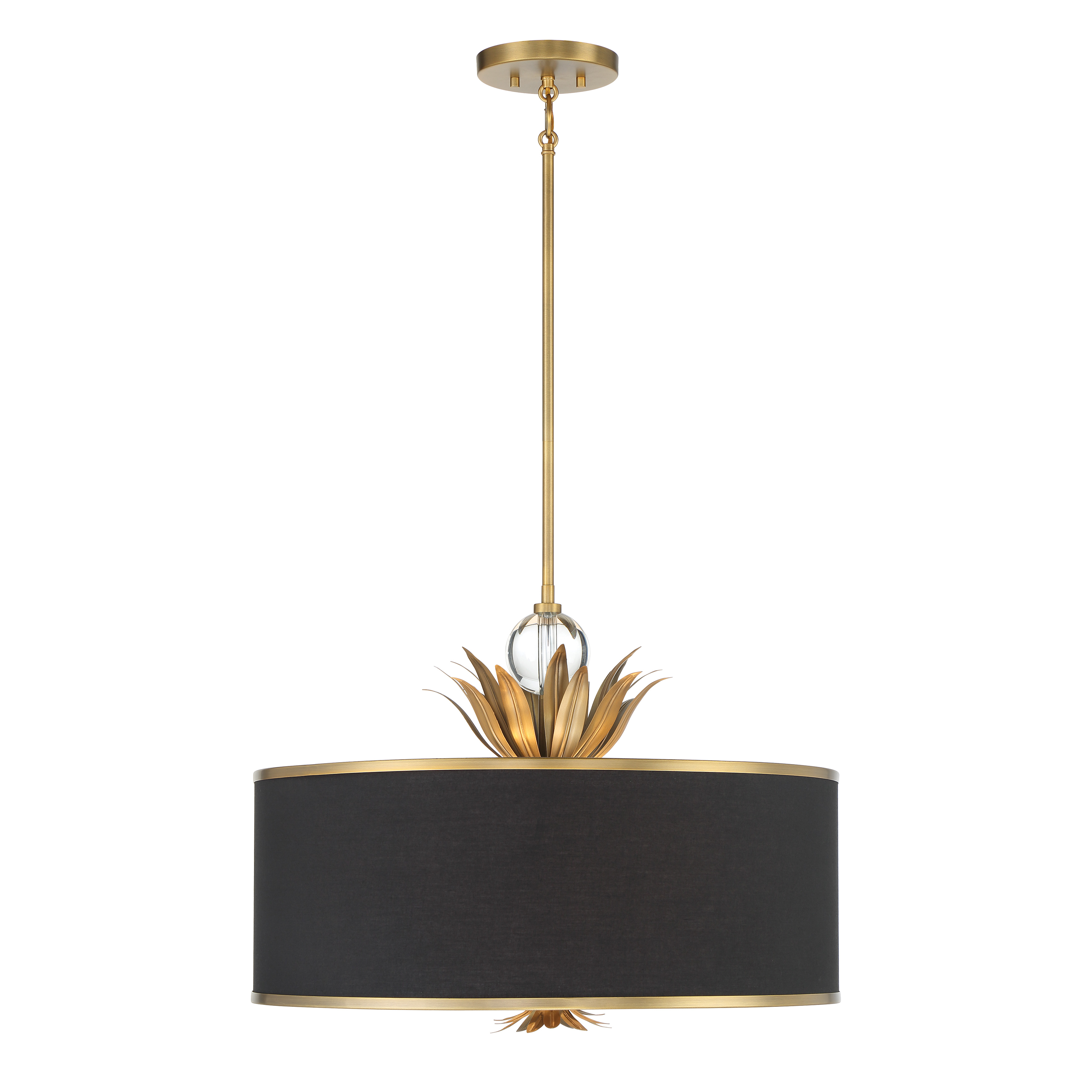 The Caprio pendant combines brushed brass metalwork with soft fabric shades and crystal accents, creating a refined focal point. Its 24-inch width and 4-light configuration provide ample illumination while maintaining an elegant profile. - alternate view