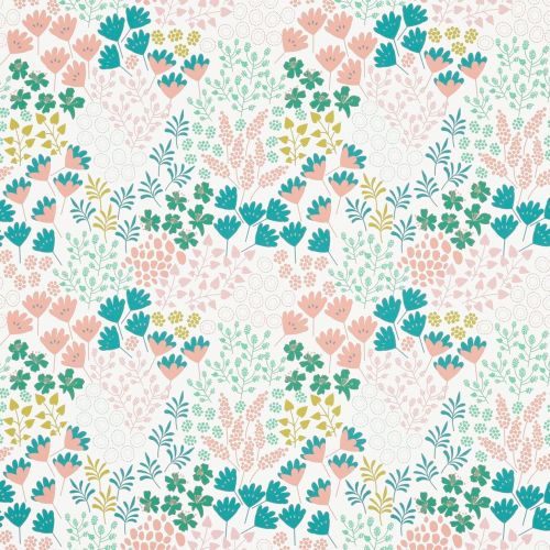 Floral patterned wallpaper â€” repeating stylized pink, teal and olive blossoms and foliage covering a white surface; bright, evenly lit decorative background suggesting a cheerful interior setting.