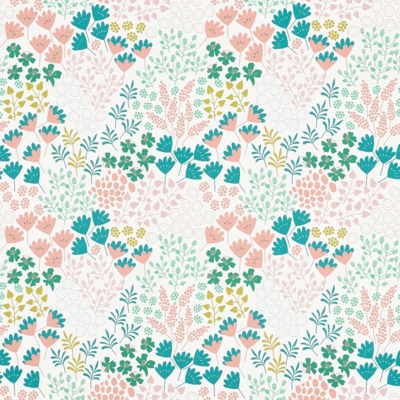 Floral patterned wallpaper — repeating stylized pink, teal and olive blossoms and foliage covering a white surface; bright, evenly lit decorative background suggesting a cheerful interior setting.