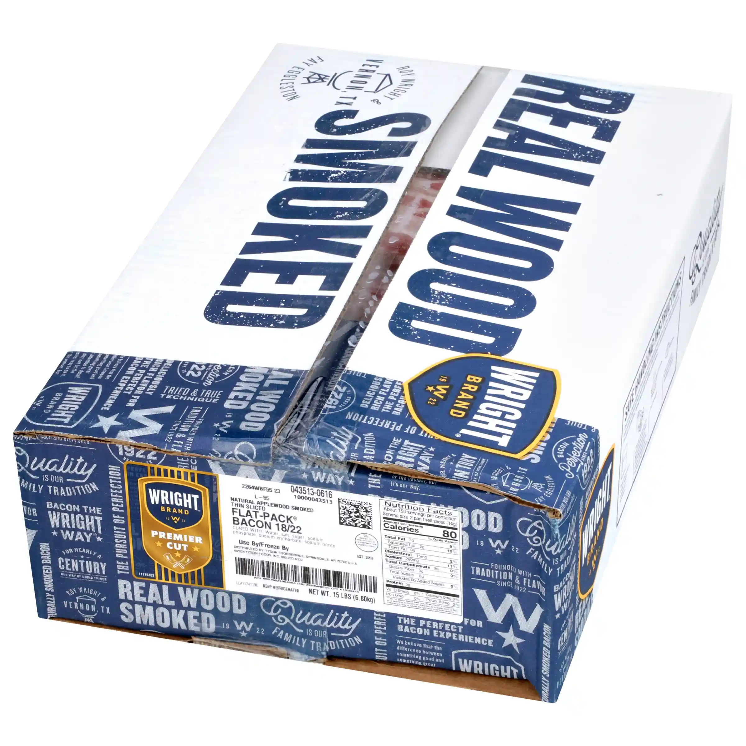 Wright® Brand Naturally Applewood Smoked Thin Sliced Bacon, Flat-Pack®, 15Lbs, 18-22 Slices per pound, Gas Flushed_image_5