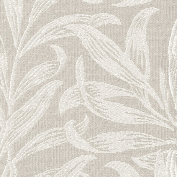 Embossed leaf pattern spreads across a neutral beige textured background, white raised elongated leaves flowing and overlapping in a repeating botanical design, resembling woven wallpaper or upholstery fabric.