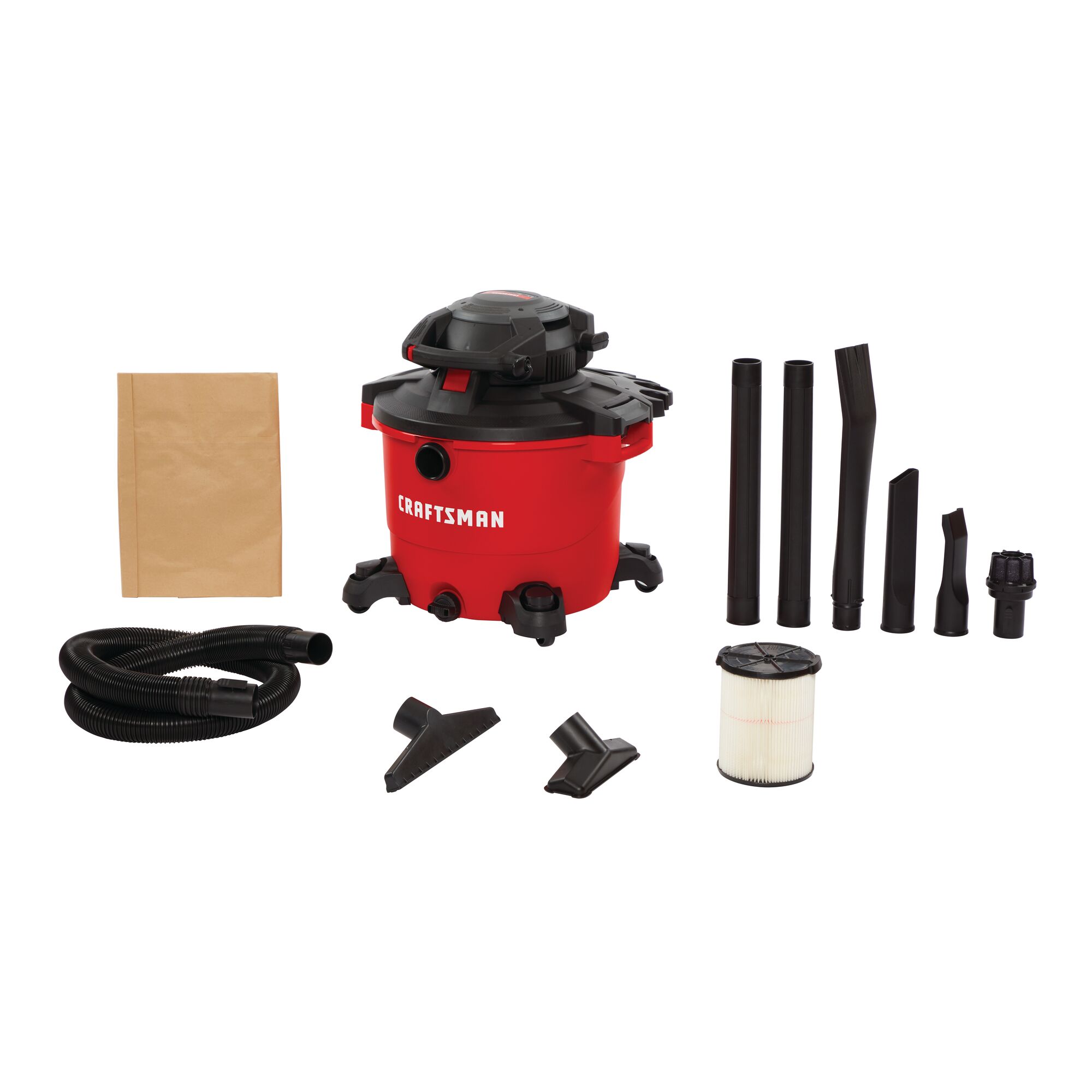 16 gallon 6.5 peak H P wet dry vacuum with detachable leaf blower and complete kit.