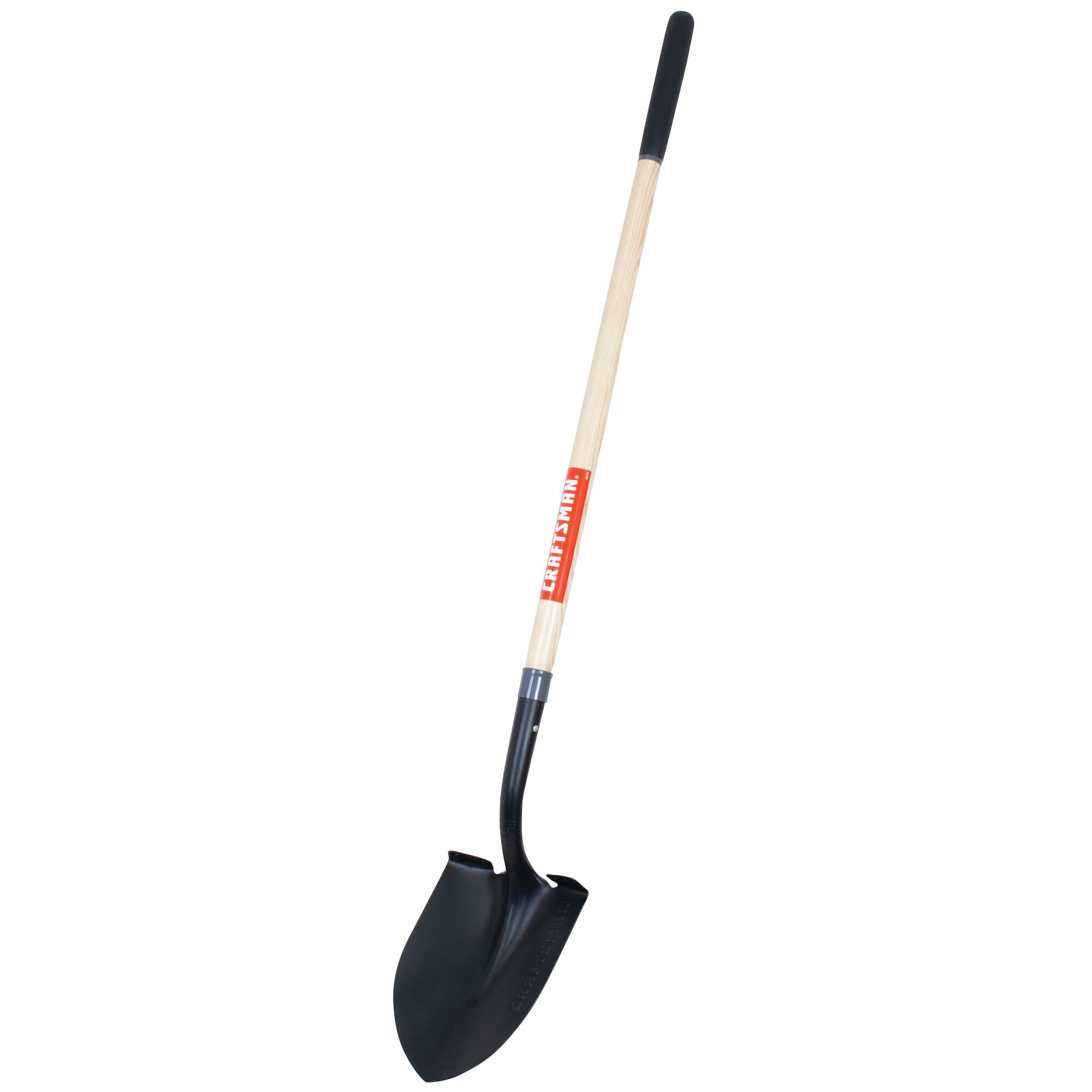 Right profile of wood handle digging shovel.