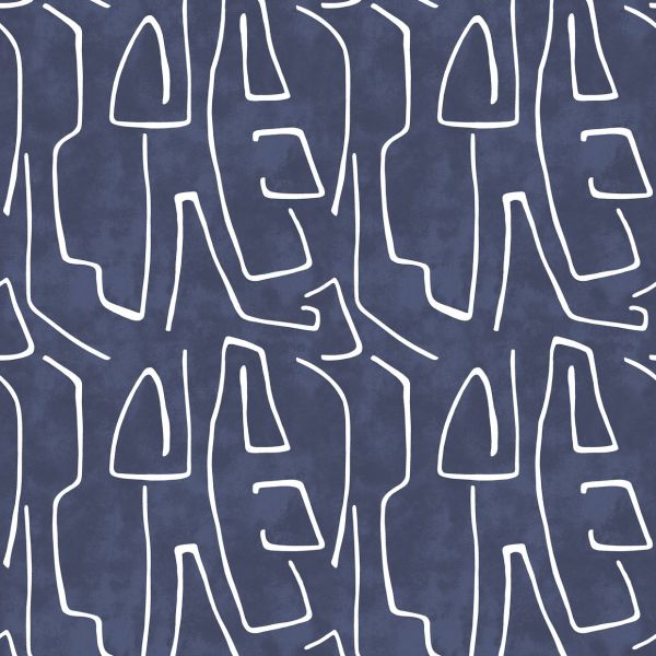 Navy textile with irregular white outlined shapes forming a continuous repeating pattern across the surface, presented as matte wallpaper or fabric with subtle shading and even lighting.