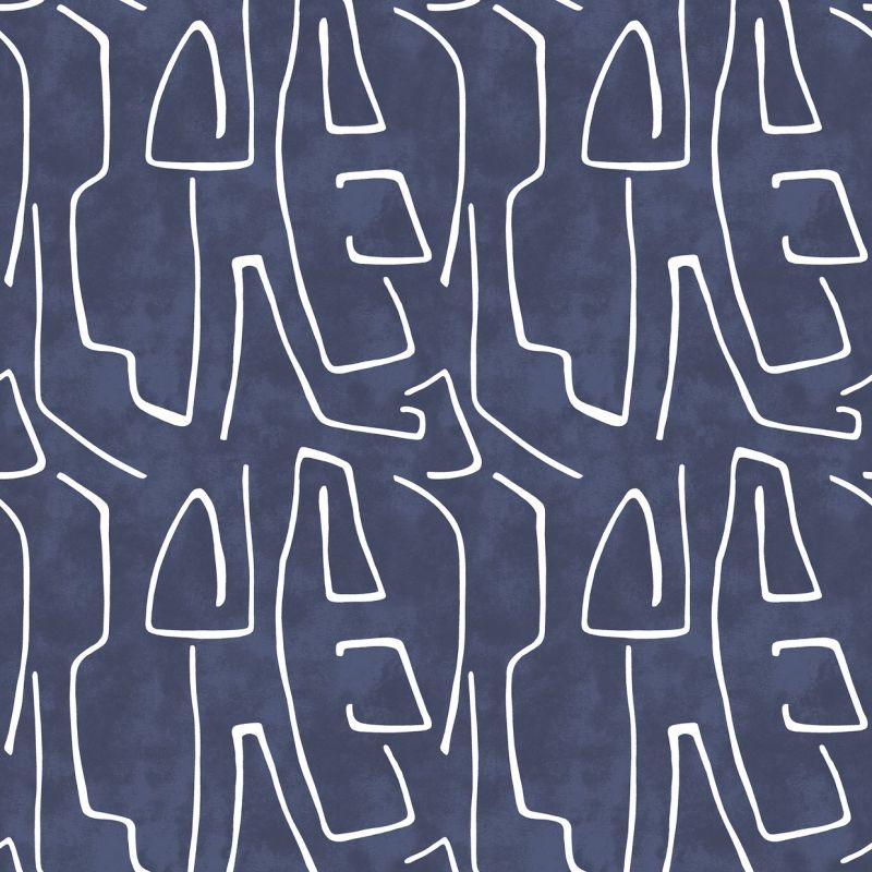 Navy textile with irregular white outlined shapes forming a continuous repeating pattern across the surface, presented as matte wallpaper or fabric with subtle shading and even lighting.