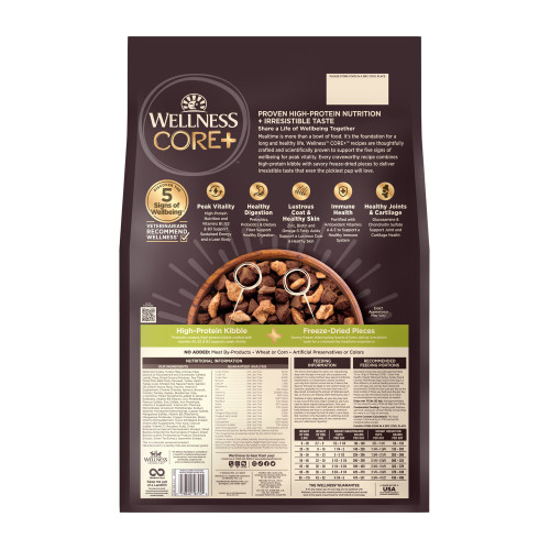 Wellness CORE+ Grain Free Healthy Weight Deboned Turkey & Chicken with Freeze Dried Turkey Recipe back packaging