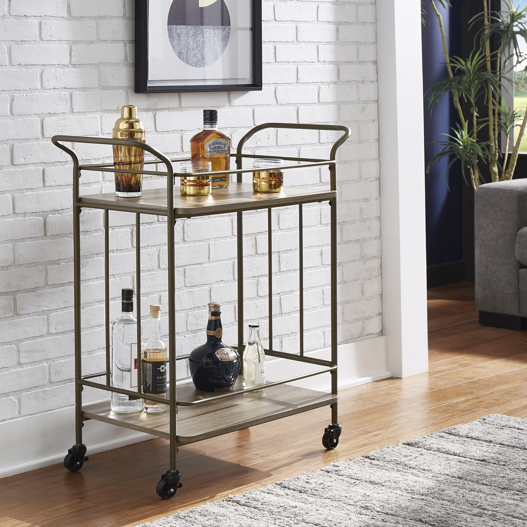 Bronze Finish and Wood Straight Lines Bar Cart