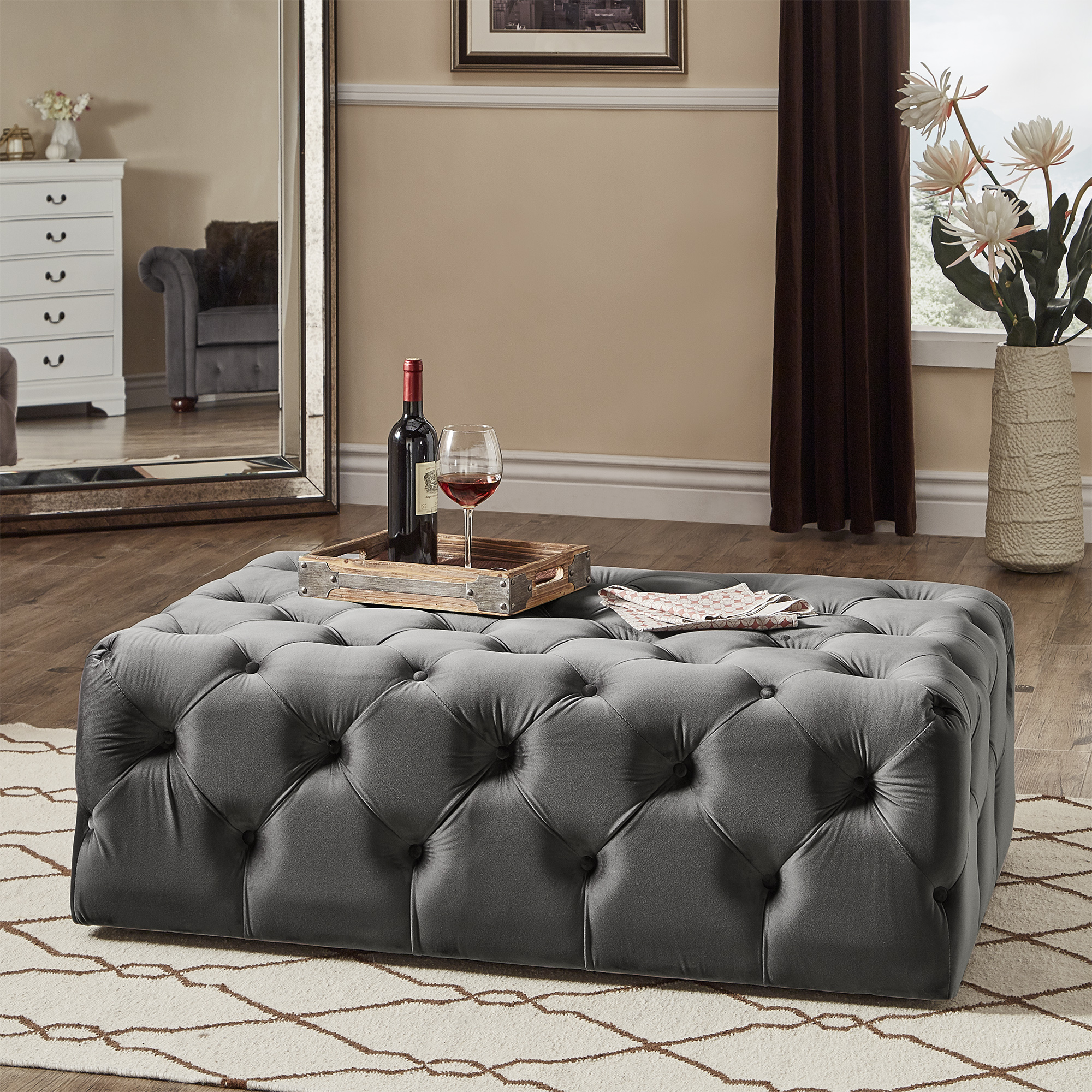 Rectangular Tufted Ottoman with Casters