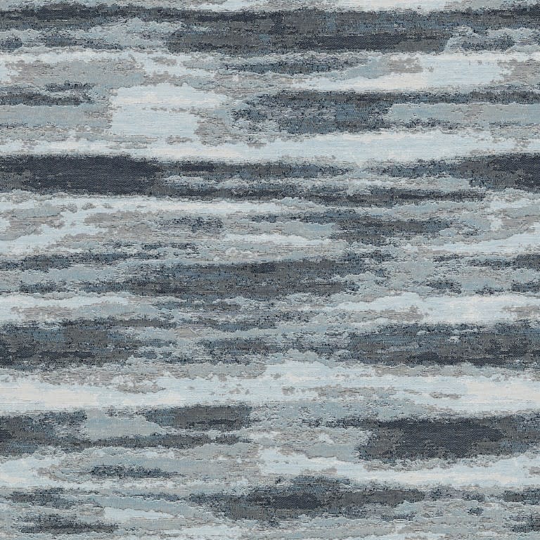Abstract woven fabric swatch with horizontal painterly streaks in blue, gray, and beige; pattern forms irregular layered bands across the surface; flat, evenly lit, textile-like sample.