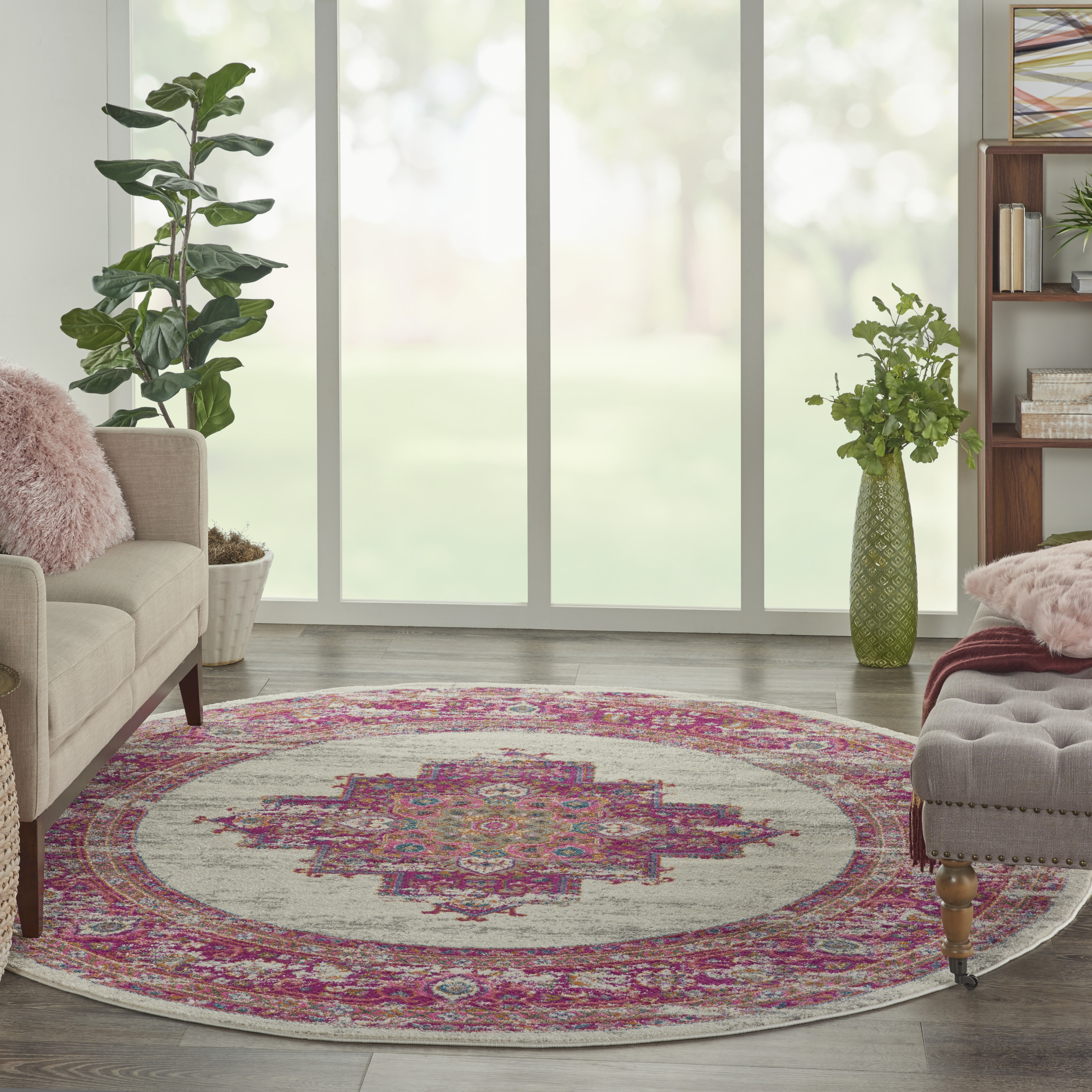 Nourison Passion 8' x Round Ivory/Fuchsia Bohemian Indoor Rug