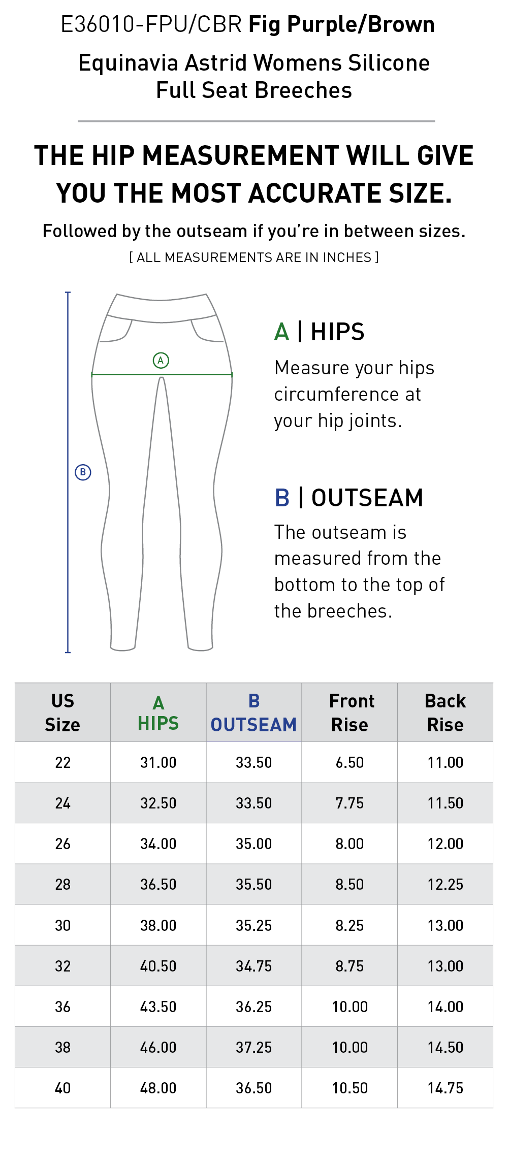 Size chart for Equinavia Astrid Womens Silicone Full Seat Breeches - Fig Purple/Brown