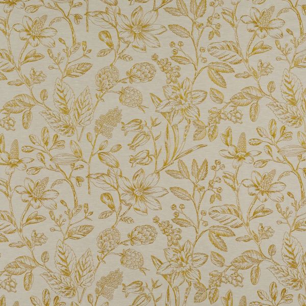 Creamy beige wallpaper covered edge-to-edge with mustard-yellow, hand-drawn floral and foliage motifs; the repeating pattern decorates a wall surface, shown in a neutral, softly lit close-up.