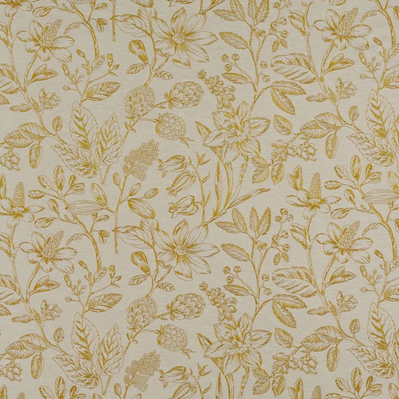 Creamy beige wallpaper covered edge-to-edge with mustard-yellow, hand-drawn floral and foliage motifs; the repeating pattern decorates a wall surface, shown in a neutral, softly lit close-up.