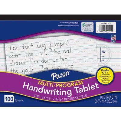 Pacon  Multi-Program Handwriting Tablet, D'Nealian Grade K / Zaner-Bloser Grade 1, Long Way, 5/8 in x 5/16 in x 5/16 in ruled 10-1/2