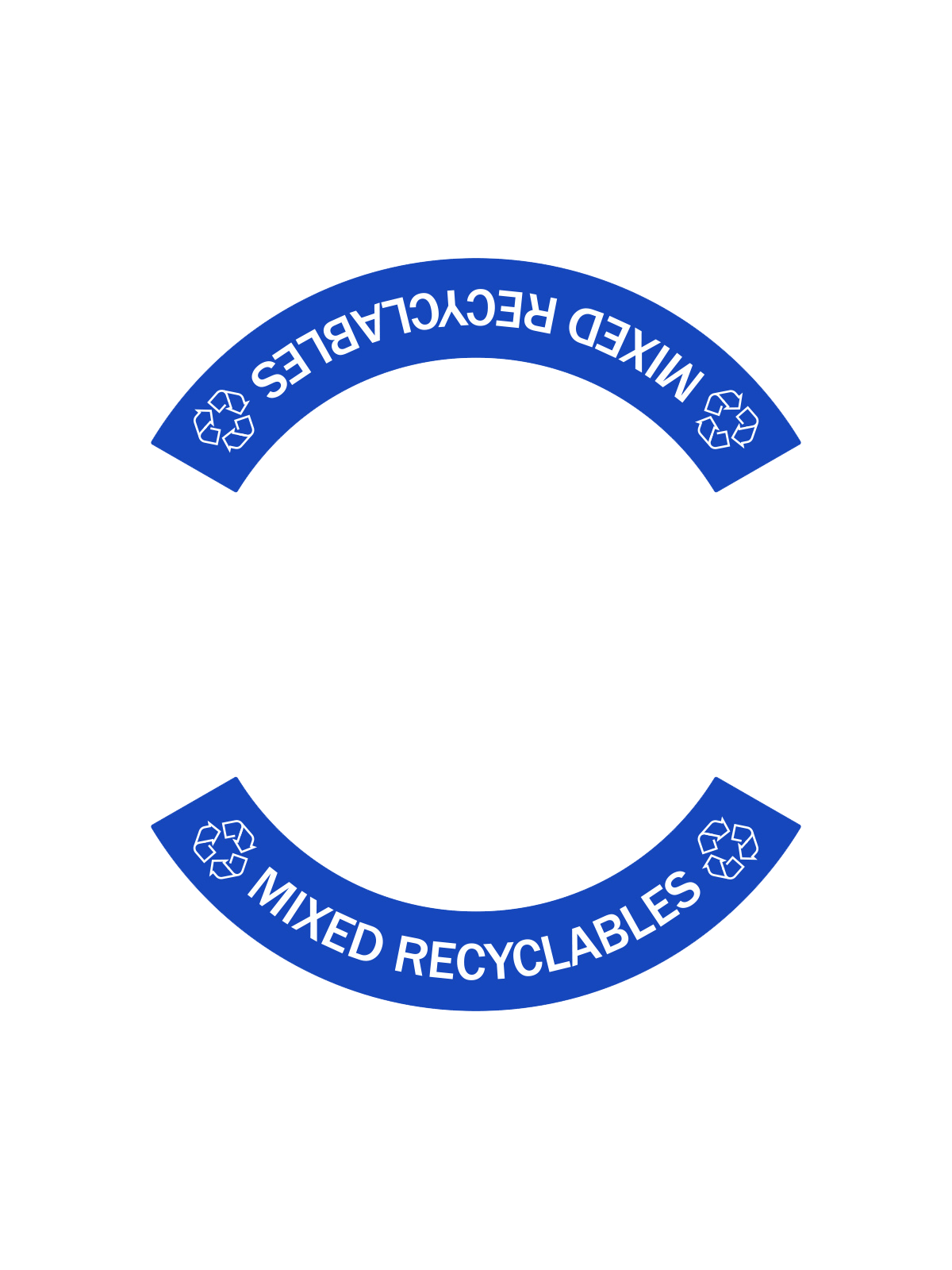blue vinyl label with MIXED RECYCLABLES and recycling icon for VistaBin Mesh recycling container with canopy lid