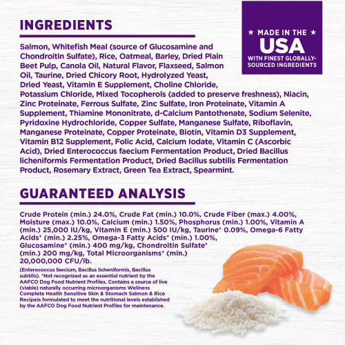 <p>Salmon, Whitefish Meal (source of Glucosamine and Chondroitin Sulfate), Rice, Oatmeal, Barley, Dried Plain Beet Pulp, Canola Oil, Natural Flavor, Flaxseed, Salmon Oil, Taurine, Dried Chicory Root, Hydrolyzed Yeast, Dried Yeast, Vitamin E Supplement, Choline Chloride, Potassium Chloride, Mixed Tocopherols (added to preserve freshness), Niacin, Zinc Proteinate, Ferrous Sulfate, Zinc Sulfate, Iron Proteinate, Vitamin A Supplement, Thiamine Mononitrate, Vitamin B5 (d-Calcium Pantothenate), Sodium Selenite, Vitamin B6 (Pyridoxine Hydrochloride), Copper Sulfate, Manganese Sulfate, Riboflavin, Manganese Proteinate, Copper Proteinate, Vitamin B7 (Biotin), Vitamin D3 Supplement, Vitamin B12 Supplement, Vitamin B9 (Folic Acid), Calcium Iodate, Vitamin C (Ascorbic Acid), Dried Enterococcus faecium Fermentation Product, Dried Bacillus licheniformis Fermentation Product, Dried Bacillus subtilis Fermentation Product, Rosemary Extract, Green Tea Extract, Spearmint Extract.</p>
