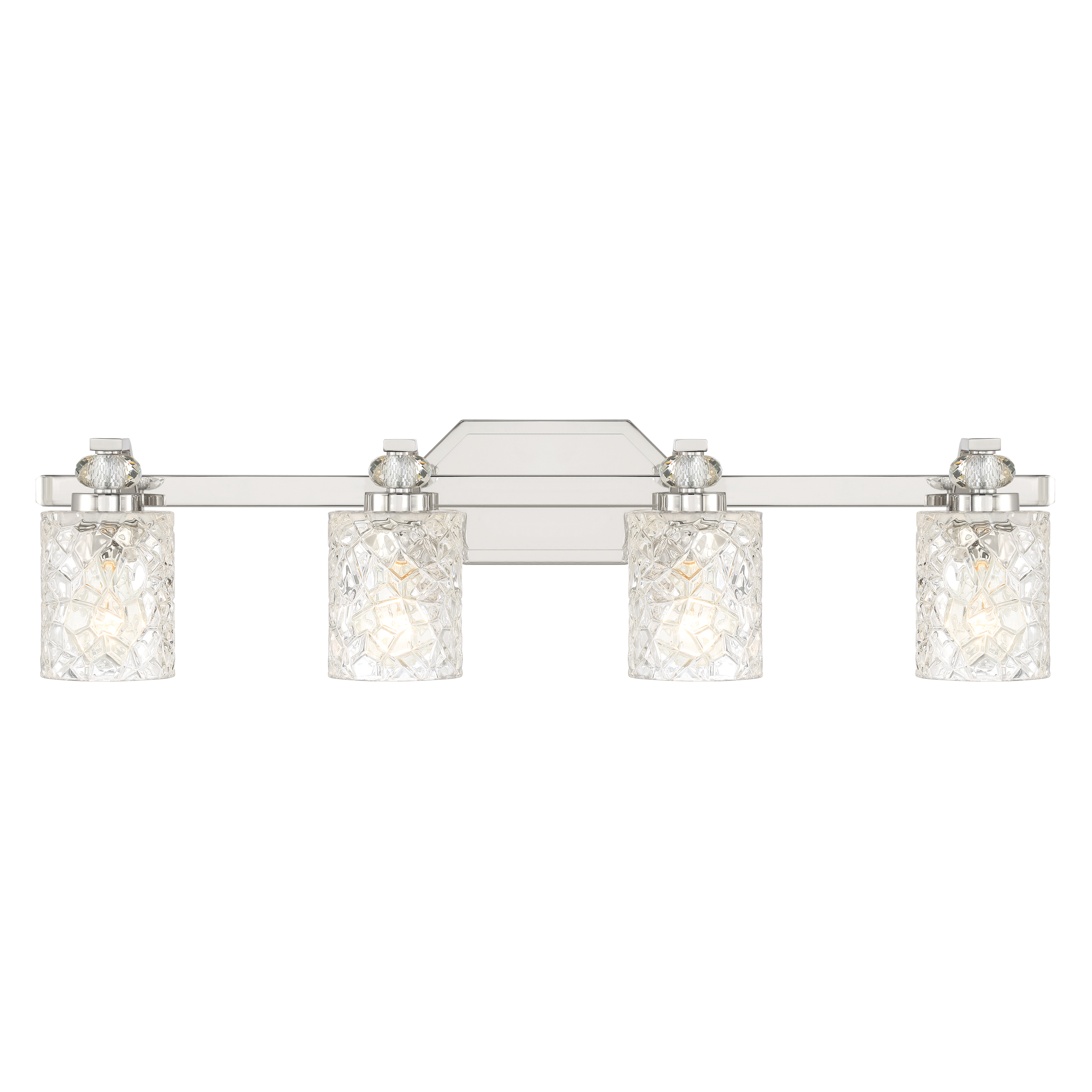 The Crystal Kay 4-Light Bath Vanity combines modern sophistication with practical illumination. Its 32-inch span and reversible design make it ideal for medium to large bathrooms, while chrome finish and pressed glass shades add timeless elegance. - alternate view