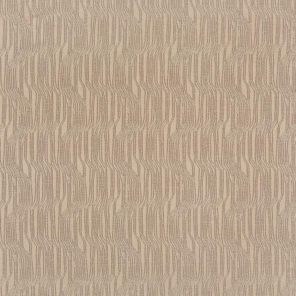 Beige textured wallpaper covering a wall, featuring repeating vertical wavy stitched lines; pattern creates a subtle ribbed relief; close-up under soft, neutral interior lighting.