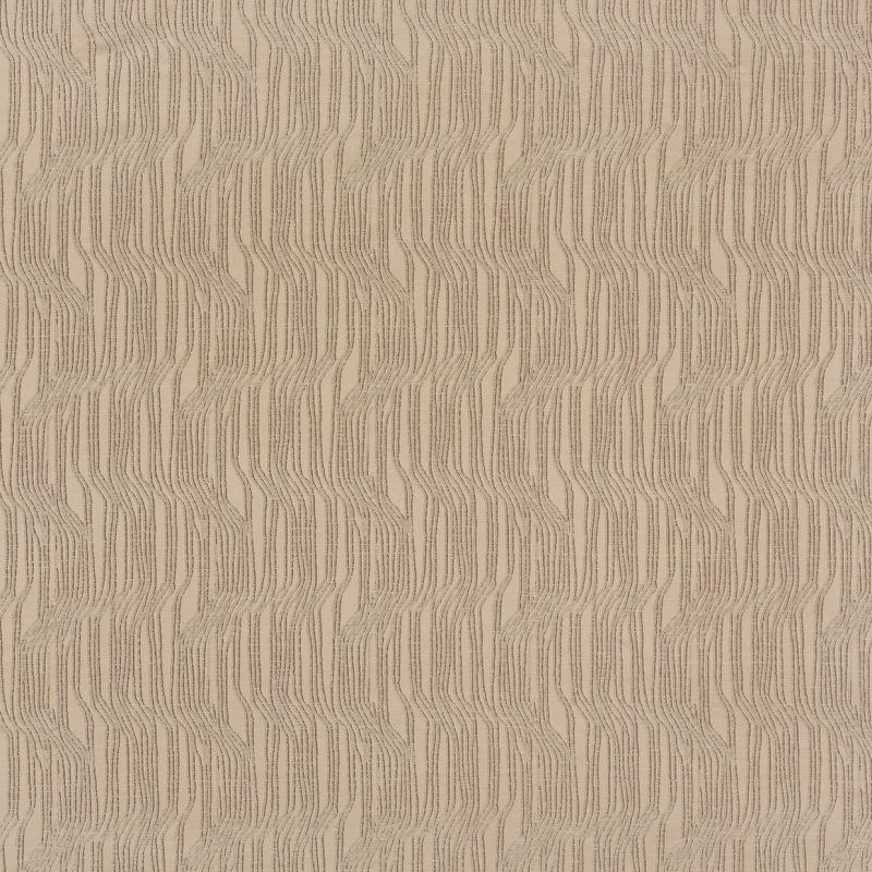 Beige textured wallpaper covering a wall, featuring repeating vertical wavy stitched lines; pattern creates a subtle ribbed relief; close-up under soft, neutral interior lighting.