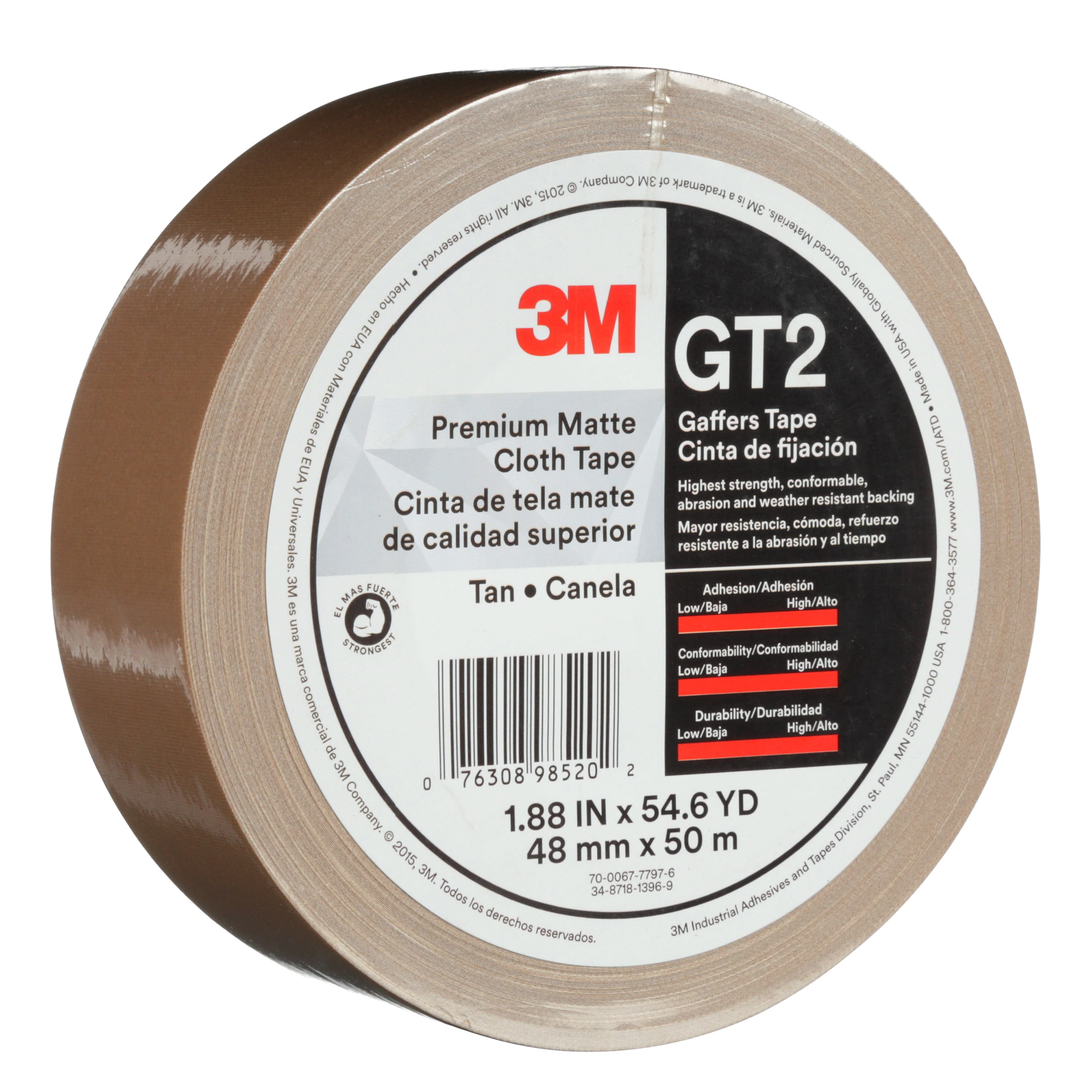 3M™ Premium Matte Cloth (Gaffers) Tape GT2, Tan, 48 mm x 50 m, 11 mil,
24 per case