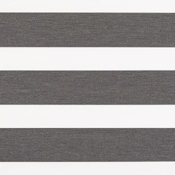 Zebra roller blind spanning the frame, alternating charcoal textured opaque and white sheer horizontal bands; aligned to filter and block light, mounted over a bright, neutral-lit window.