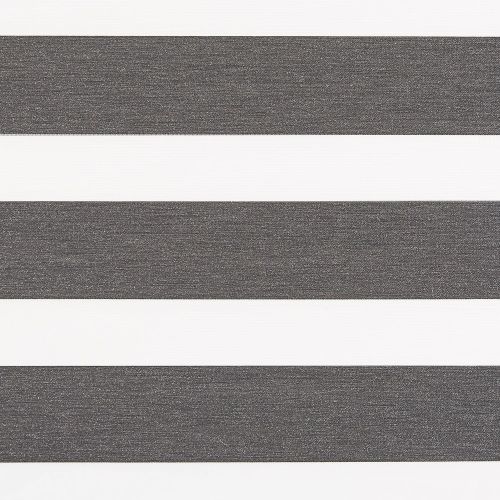 Zebra roller blind spanning the frame, alternating charcoal textured opaque and white sheer horizontal bands; aligned to filter and block light, mounted over a bright, neutral-lit window.