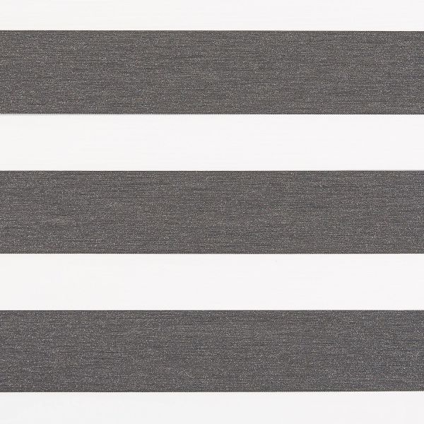 Zebra roller blind spanning the frame, alternating charcoal textured opaque and white sheer horizontal bands; aligned to filter and block light, mounted over a bright, neutral-lit window.
