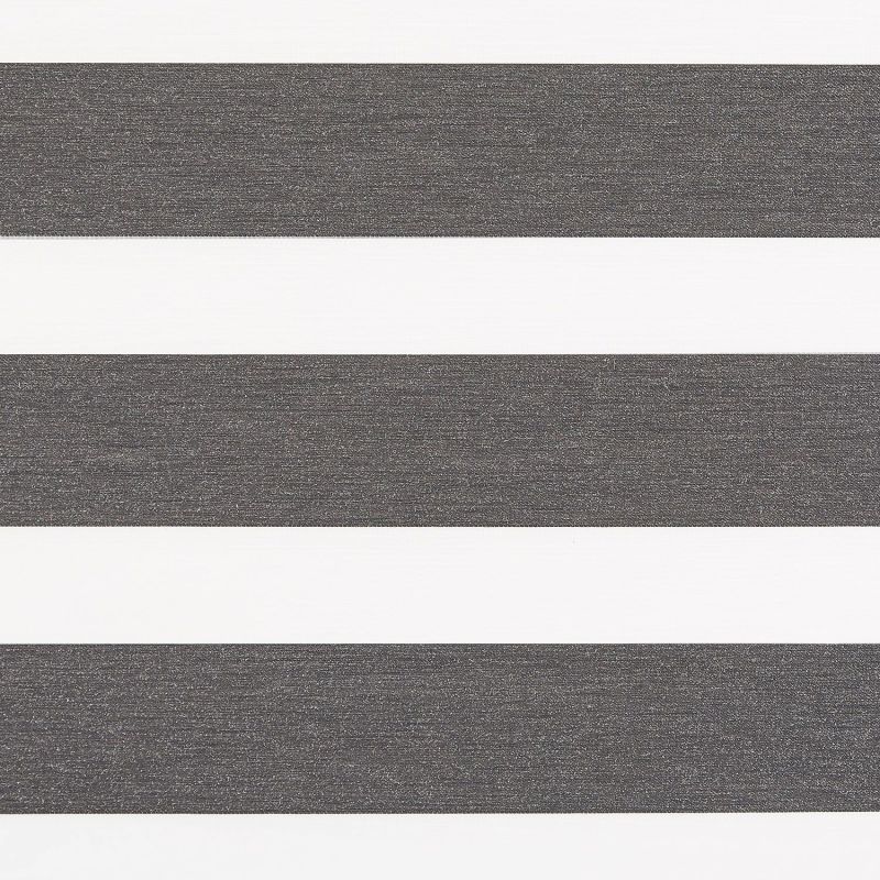 Zebra roller blind spanning the frame, alternating charcoal textured opaque and white sheer horizontal bands; aligned to filter and block light, mounted over a bright, neutral-lit window.