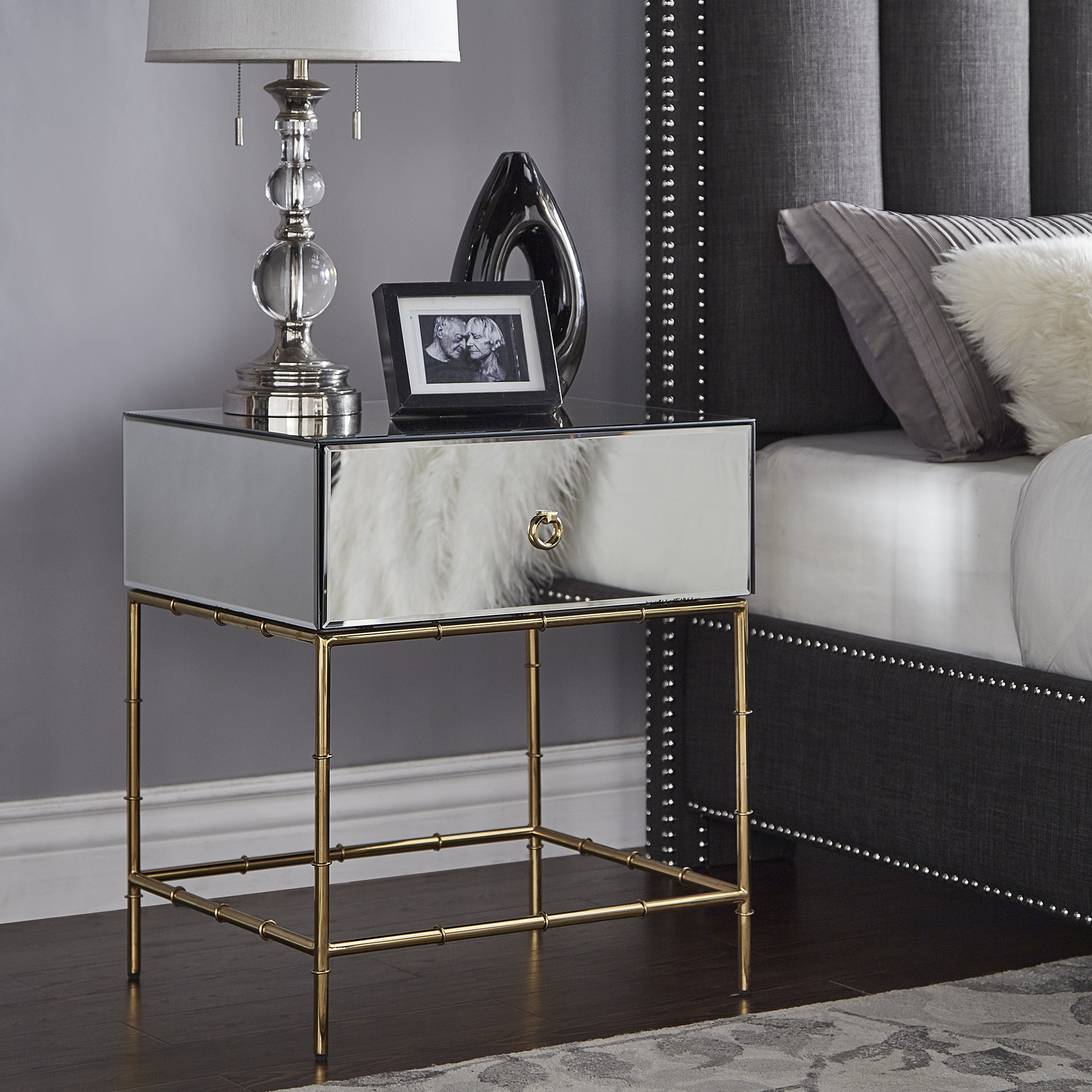 Mirrored Accent Table with Gold Finish Base