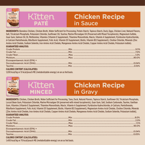 <p>Pate Chicken Recipe: Chicken, Chicken Broth, Water Sufficient for Processing, Tuna, Duck, Natural Flavors, Tapioca Starch, Sunflower Oil, Tricalcium Phosphate, Locust Bean Gum, Potassium Chloride, Marine Microalgae Oil (preserved with mixed tocopherols), Guar Gum, Salt, Sodium Carbonate, Taurine, Xanthan Gum, Vitamins (Vitamin E Supplement, Thiamine Mononitrate, Niacin, Vitamin A Supplement, Pyridoxine Hydrochloride, d-Calcium Pantothenate, Riboflavin Supplement, Folic Acid, Vitamin D3 Supplement, Biotin, Vitamin B12 Supplement), Magnesium Amino Acid Chelate, Choline Chloride, Minerals (Zinc Amino Acid Chelate, Iron Amino Acid Chelate, Copper Amino Acid Chelate, Manganese Amino Acid Chelate, Sodium Selenite, Potassium Iodide)</p>
<p>Minced Chicken Recipe: Boneless Chicken, Chicken Broth, Water Sufficient for Processing, Potato Starch, Tapioca Starch, Duck, Eggs, Chicken Liver, Natural Flavors, Salt, Tricalcium Phosphate,Potassium Chloride, Sunflower Oil, Taurine, Marine Microalgae Oil (preserved with mixed tocopherols), Magnesium Sulfate, Guar Gum, Salmon Oil, DL Methionine, Vitamins (Vitamin E Supplement, Thiamine Mononitrate, Niacin, Vitamin A Supplement, Pyridoxine Hydrochloride, d-Calcium Pantothenate, Riboflavin Supplement, Folic Acid, Vitamin D3 Supplement, Biotin, Vitamin B12 Supplement), Choline Chloride, Minerals (Zinc Amino Acid Chelate, Sodium Selenite, Iron Amino Acid Chelate, Manganese Amino Acid Chelate, Copper Amino Acid Chelate, Potassium Iodide).</p>
