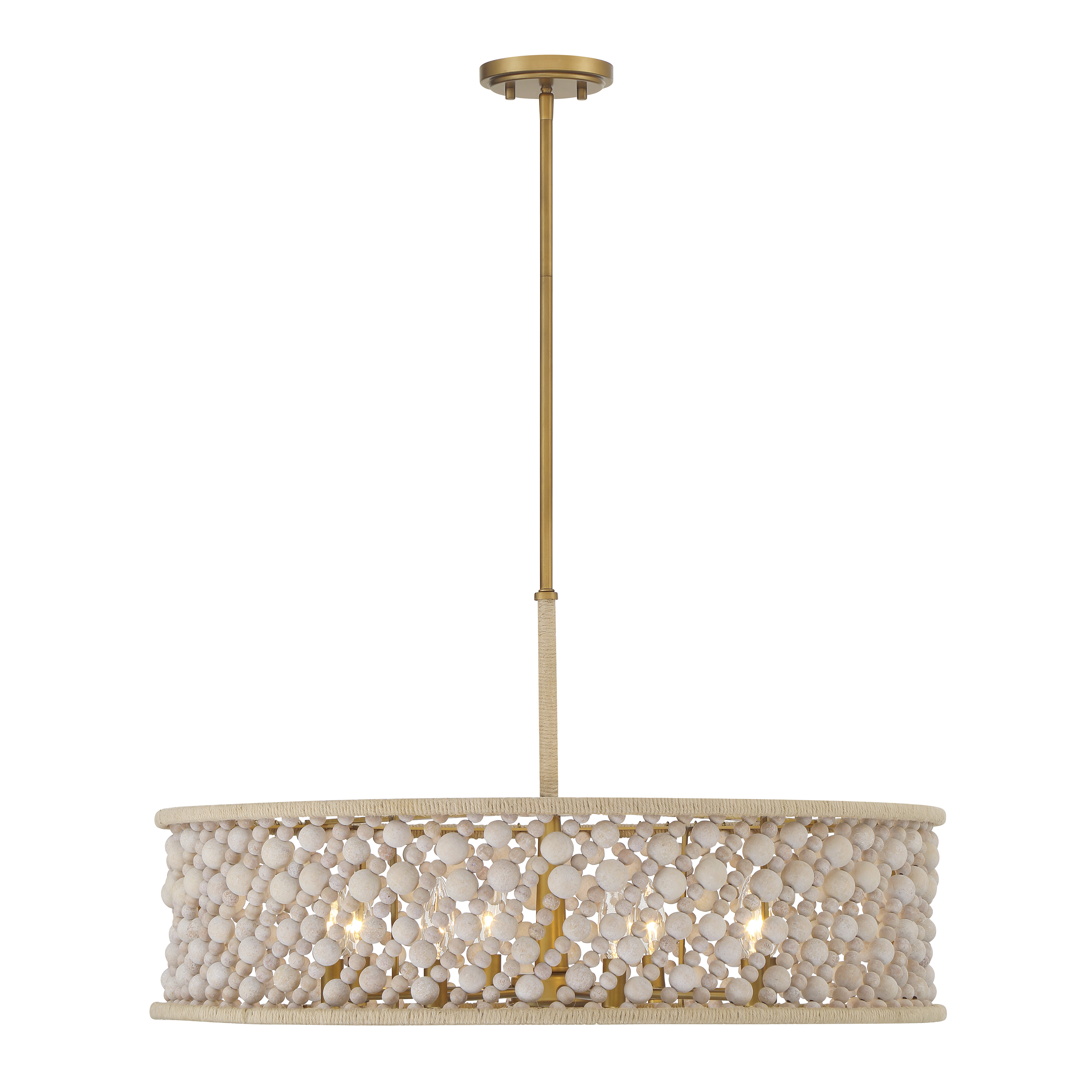 The Horsmore pendant combines bleached wooden beads with painted legacy brass for a sophisticated organic modern aesthetic. Its 29.5-inch diameter and 8-light configuration provide substantial illumination while the natural materials add warmth and coastal charm to any space. - alternate view