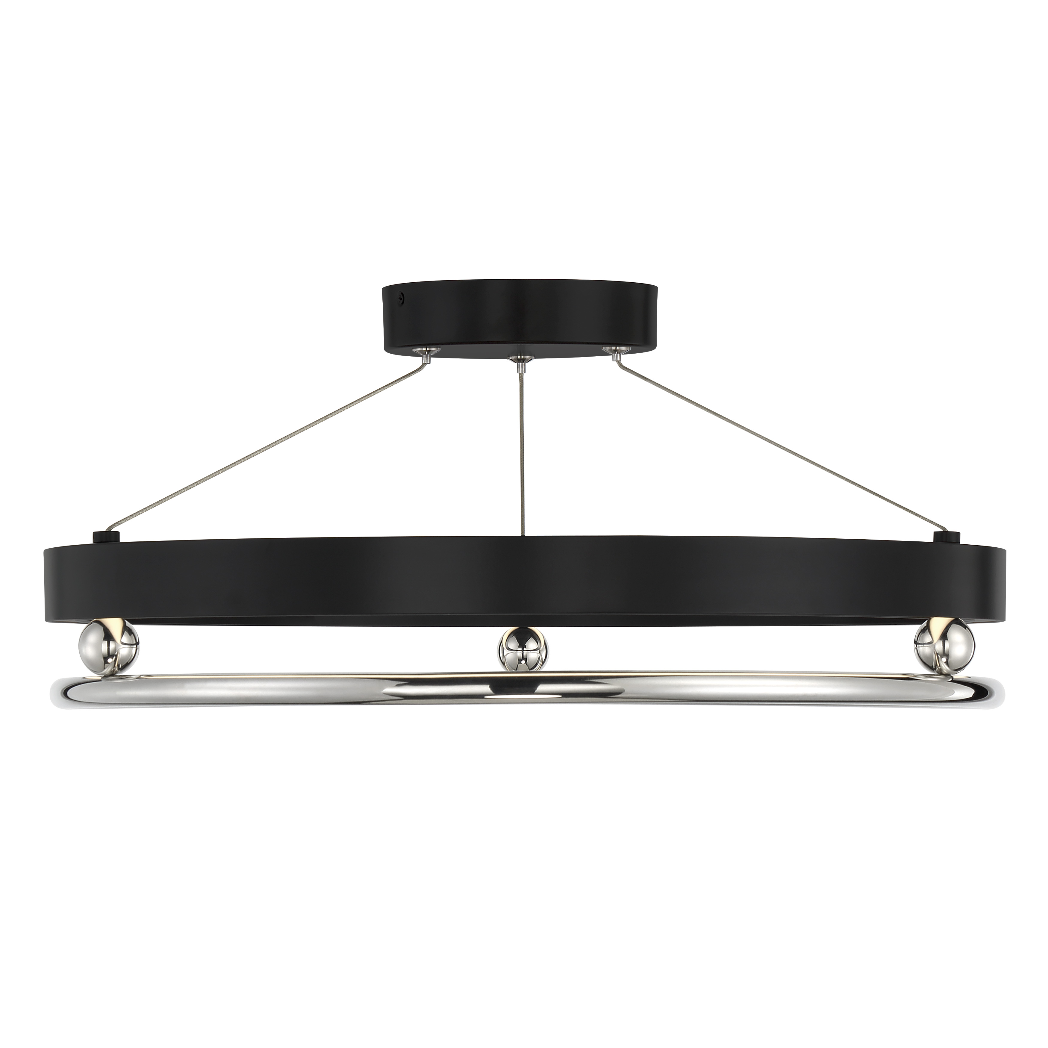 The Grande Illusion pendant combines modern aesthetics with high-performance LED technology. Its 21.25-inch profile delivers 1203 lumens with a superior 92 CRI, ensuring true color rendering. The polished nickel and coal finish adds sophisticated contrast. - alternate view