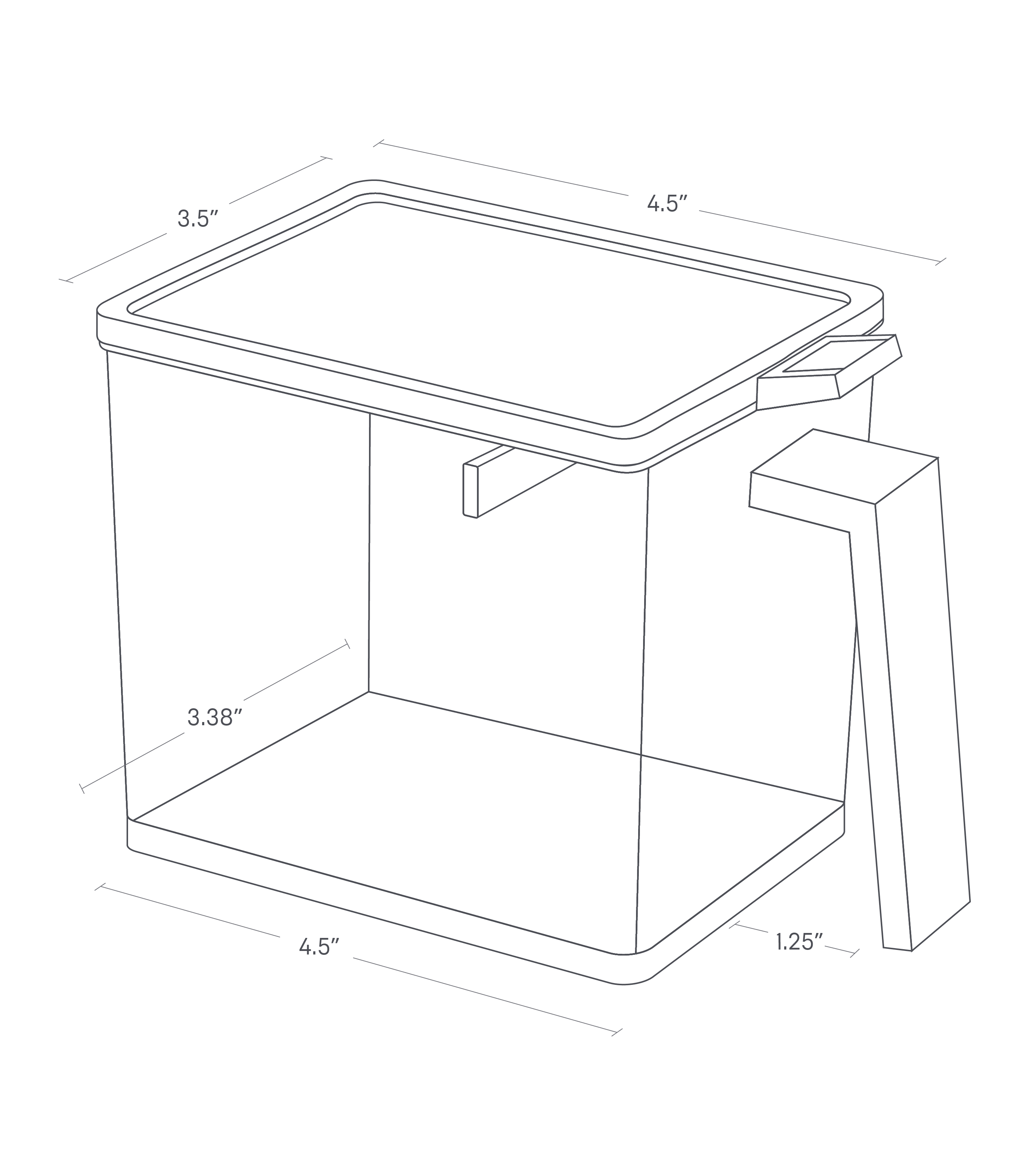 Dimension image for Spice Container showing length of 4.38 inches, width of 3.38 inches and height of 4.33 inches