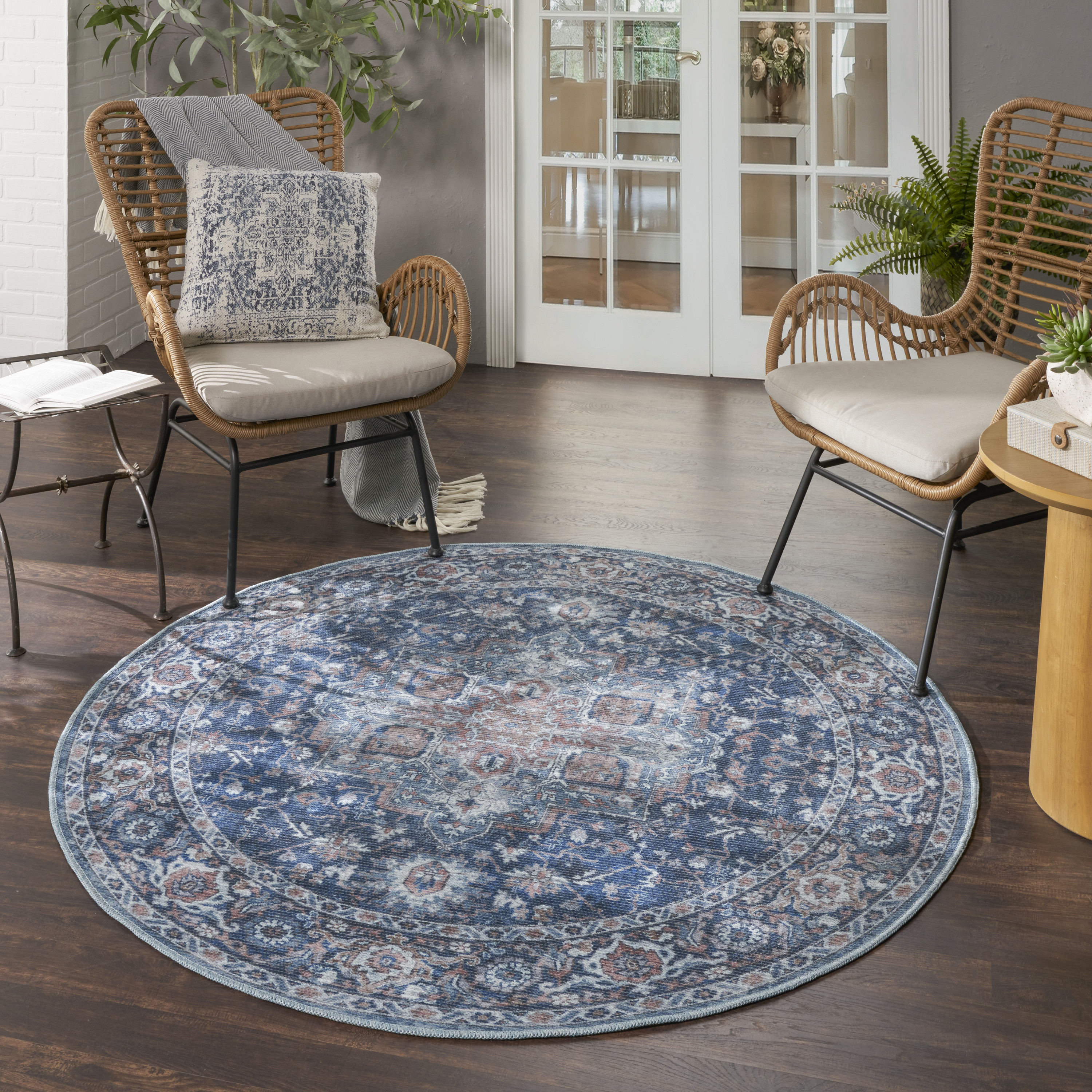 Nourison New Concept Washables 5'3" x Round Ivory Navy Vintage Indoor Rug